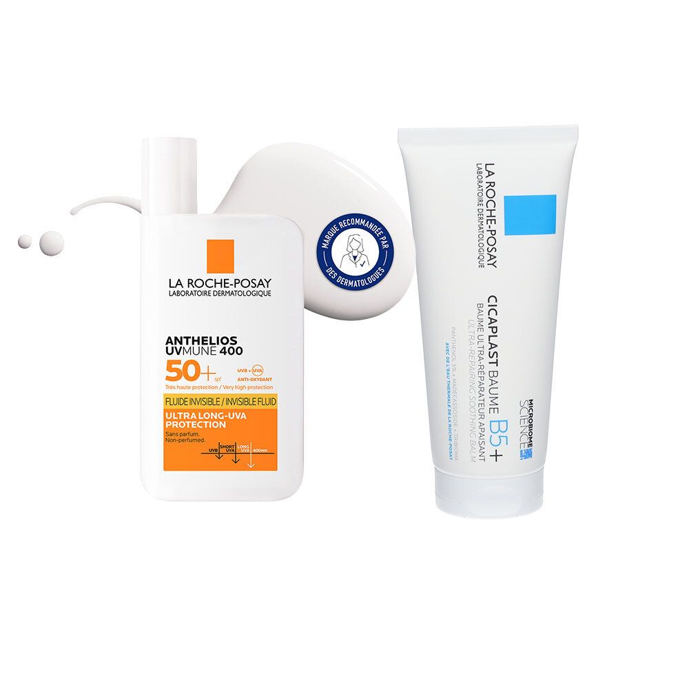 Trois produits cosmétiques : La Roche-Posay Anthelios UVMUNE 400, Cicaplast Baume B5+ et un objet blanc avec logo.