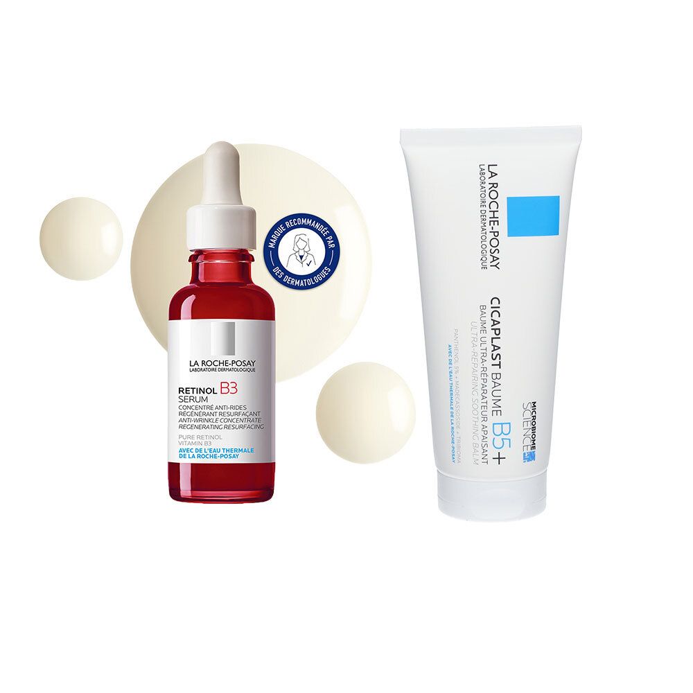 Deux produits cosmétiques. À gauche : flacon de sérum rouge avec pipette. À droite : tube blanc avec marquage bleu. Texte visible.