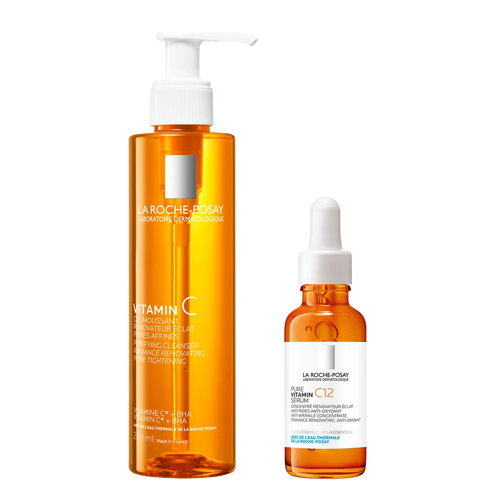Deux produits de soin. À gauche, flacon de sérum avec pipette. À droite, gel nettoyant avec pompe. Orange. Autocollants de certification.