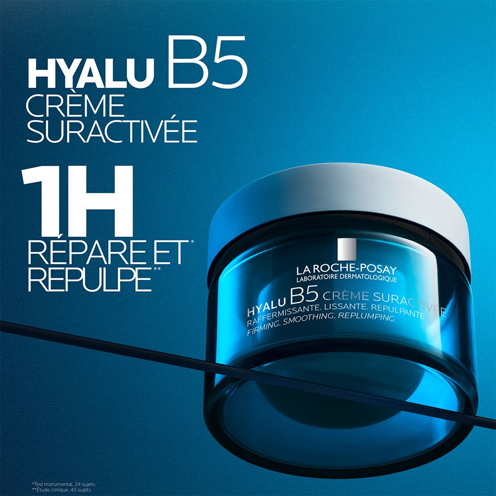 Crème Hyalu B5 La Roche-Posay. Pot bleu à couvercle blanc. "1h Réparer et Repulper" mis en avant.