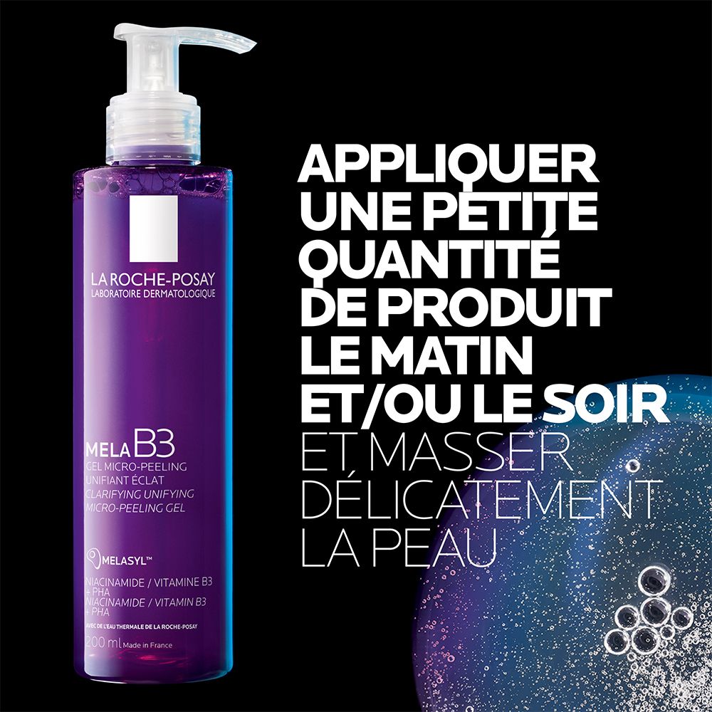 Flacon violet avec pompe, étiqueté La Roche-Posay Mela B3 Gel. Texte: Appliquer une petite quantité de produit le matin et/ou le soir, et masser.