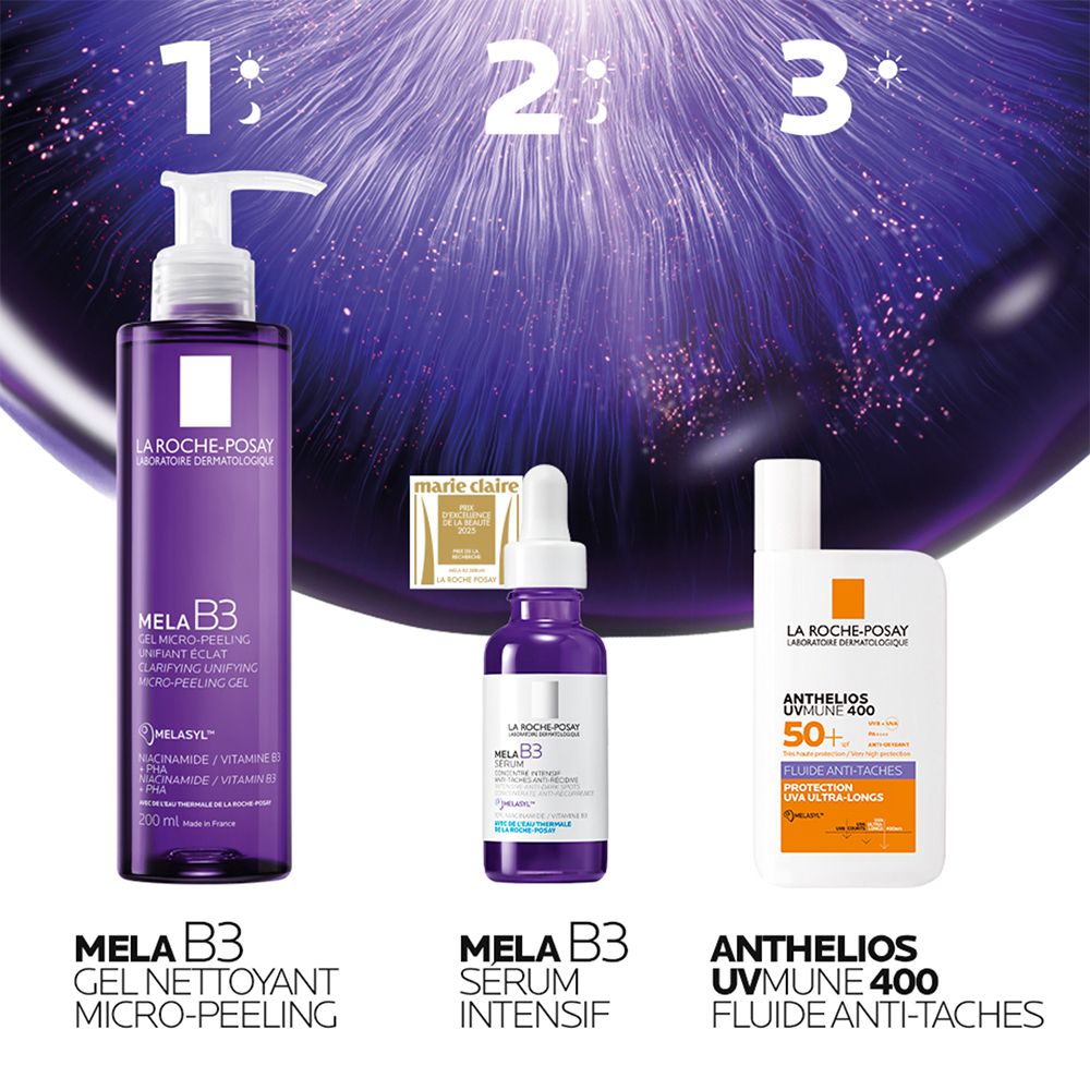 Gel nettoyant, sérum Mela B3 et écran solaire Anthelios La Roche-Posay. Trois produits violets et blancs.