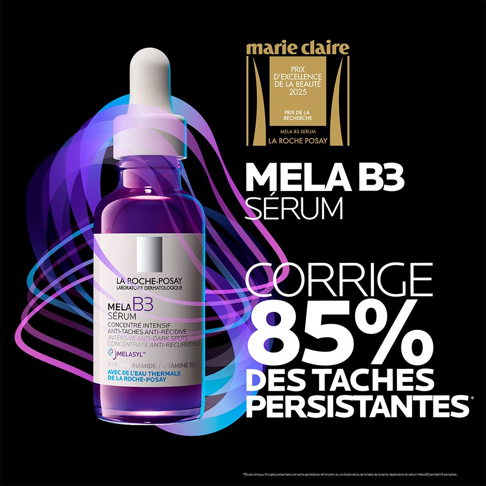 Flacon de sérum violet. Texte: 'Mela B3 Sérum'. Prix Marie Claire. Allégation: corrige 85% des taches persistantes.