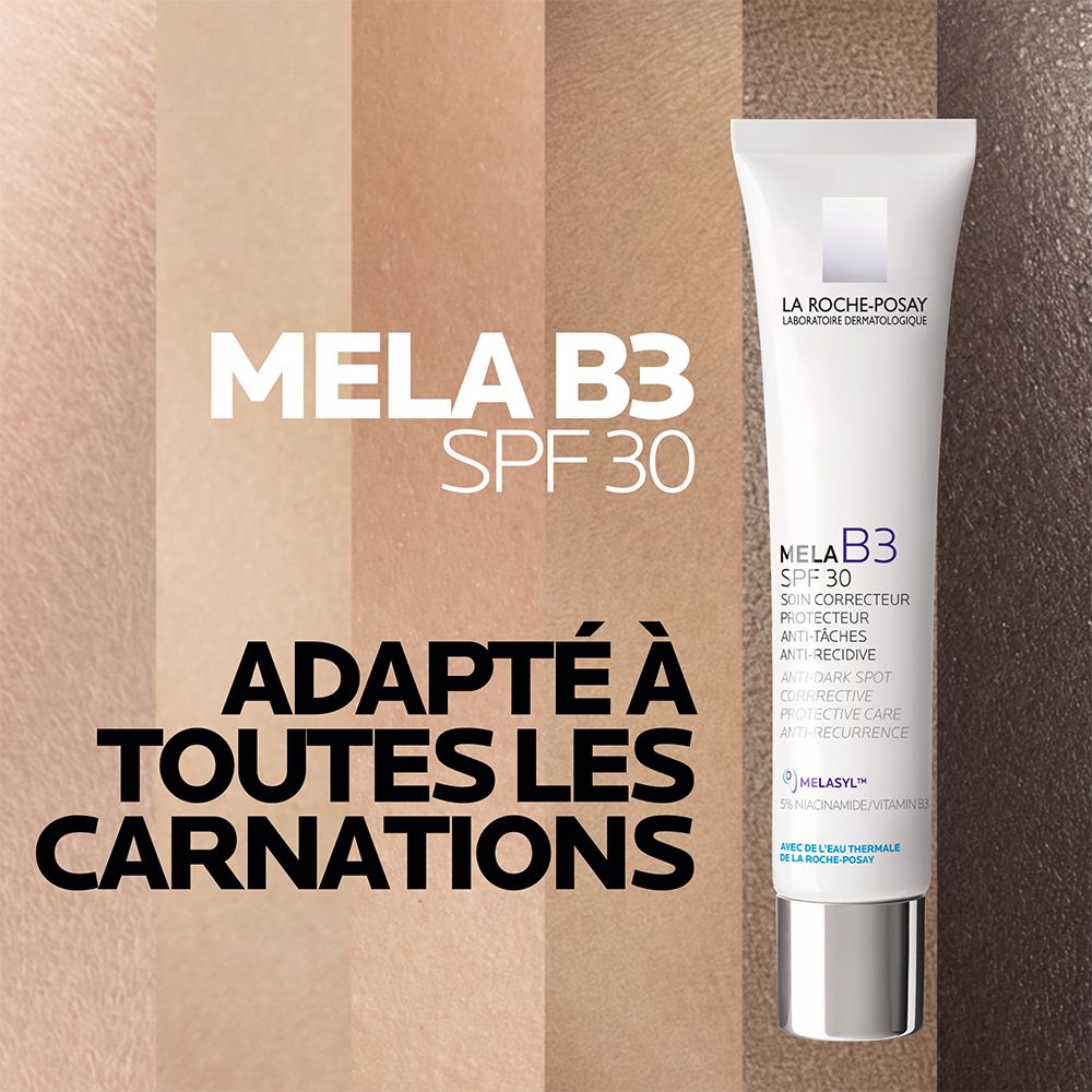 Tube blanc La Roche-Posay Mela B3 SPF30, soin correcteur, avec bouchon argenté.