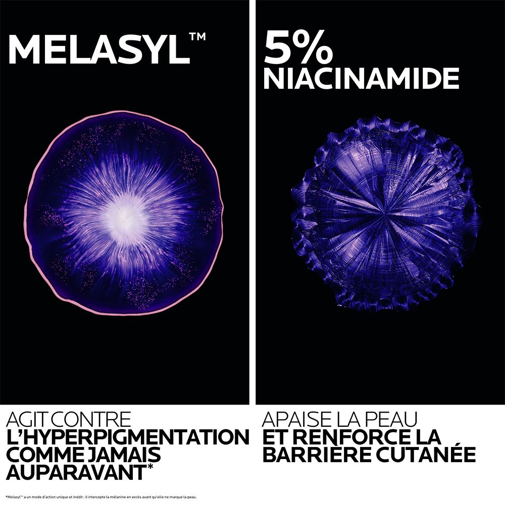 Deux images: liquide violet à gauche, structure cristalline à droite. Texte sur l'hyperpigmentation et la barrière cutanée.
