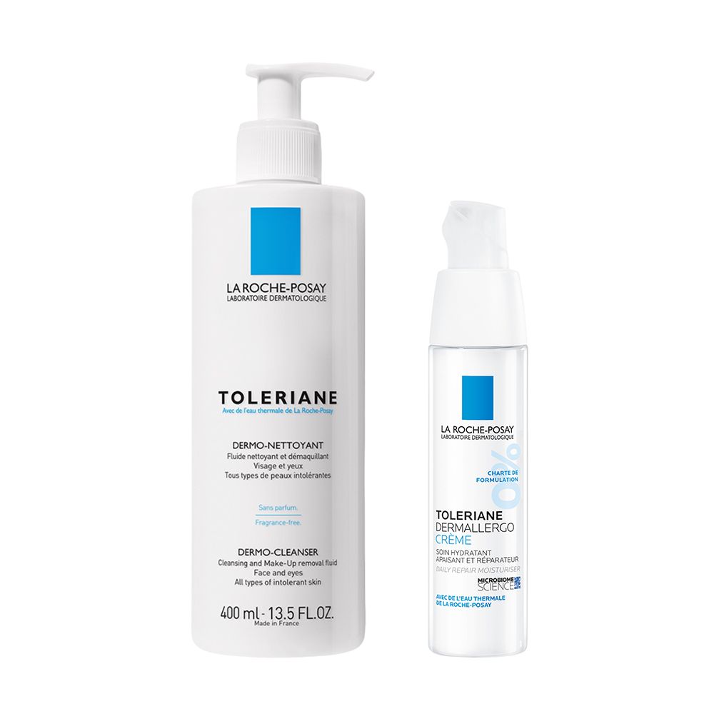 Deux flacons blancs avec logos bleus. À gauche: Toleriane Dermo-Nettoyant. À droite: Toleriane Dermallergo Crème. Les deux avec logo de certification.