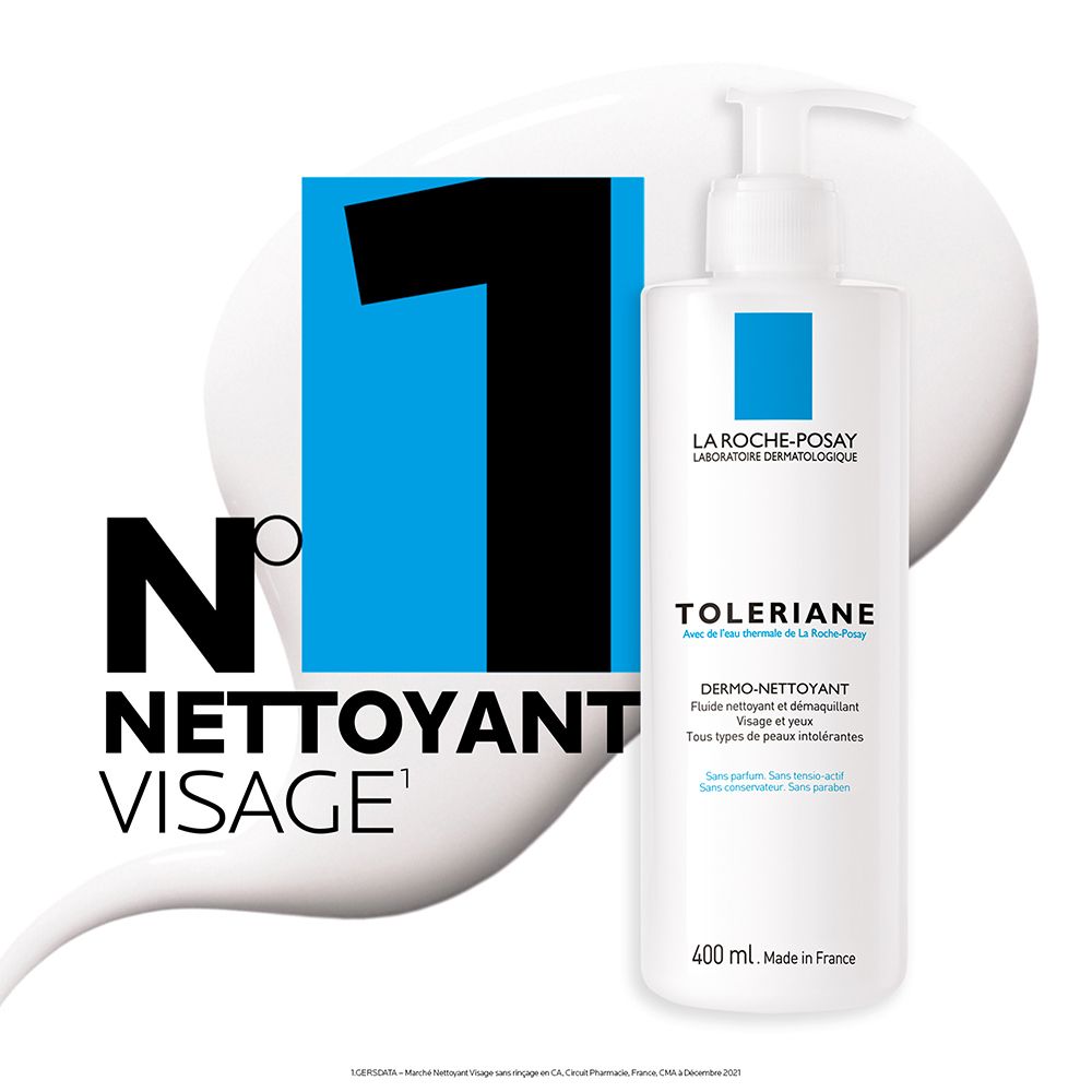 La Roche-Posay Toleriane Dermo-Nettoyant, 400ml, flacon pompe, fabriqué en France.
