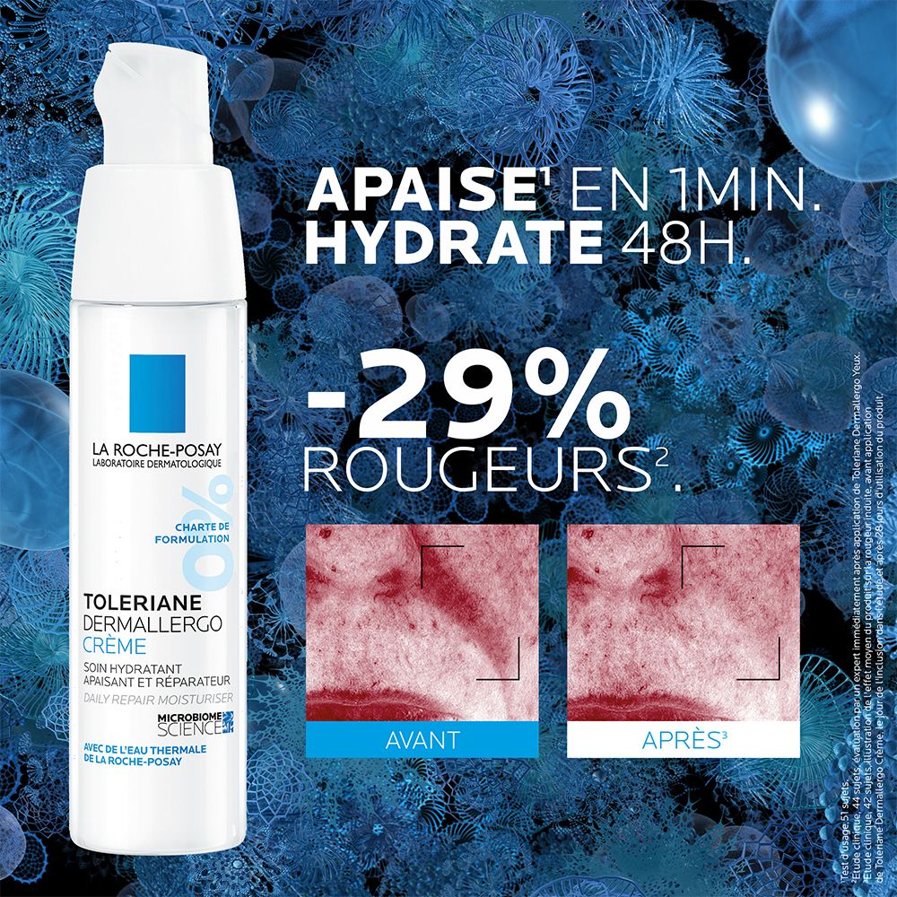 La Roche-Posay Toleriane Dermallergo Crème en flacon pompe avec comparaison avant/après de la peau.