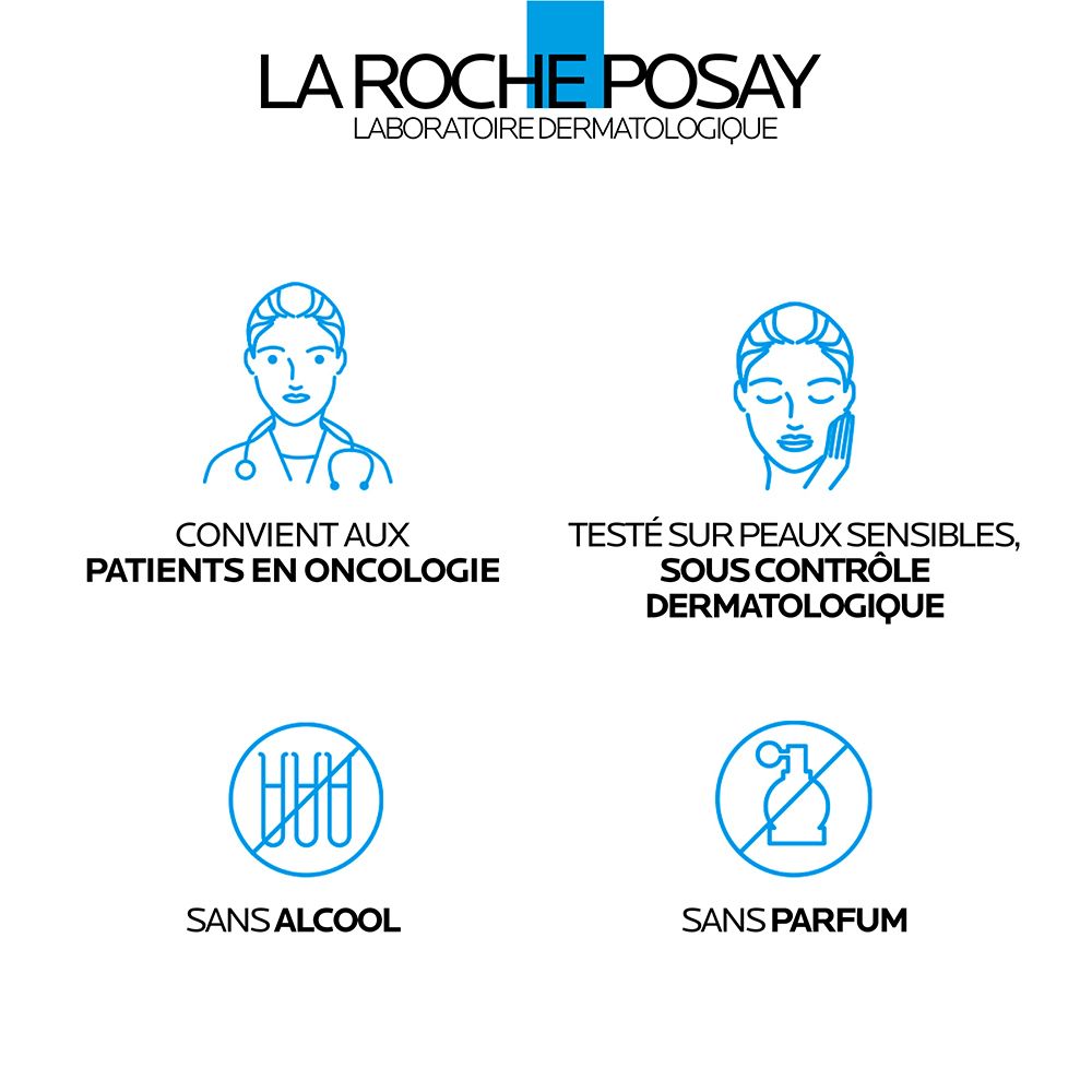 La Roche Posay : Convient aux patients en oncologie, testé sur peaux sensibles, sans alcool, sans parfum.