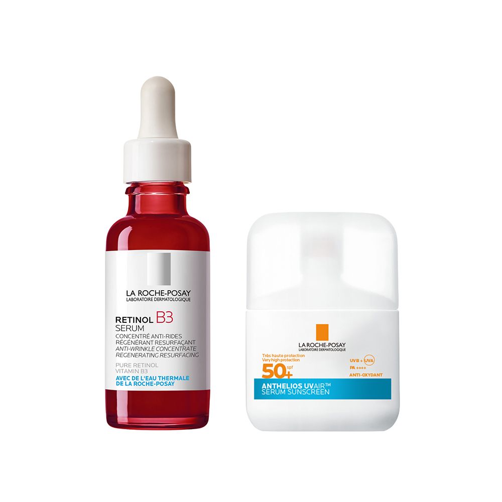 Deux flacons cosmétiques. Un flacon rouge avec bouchon blanc et inscription "Retinol B3". Un flacon blanc avec inscription bleue "Anthelios UVAIR Serum Sunscreen".