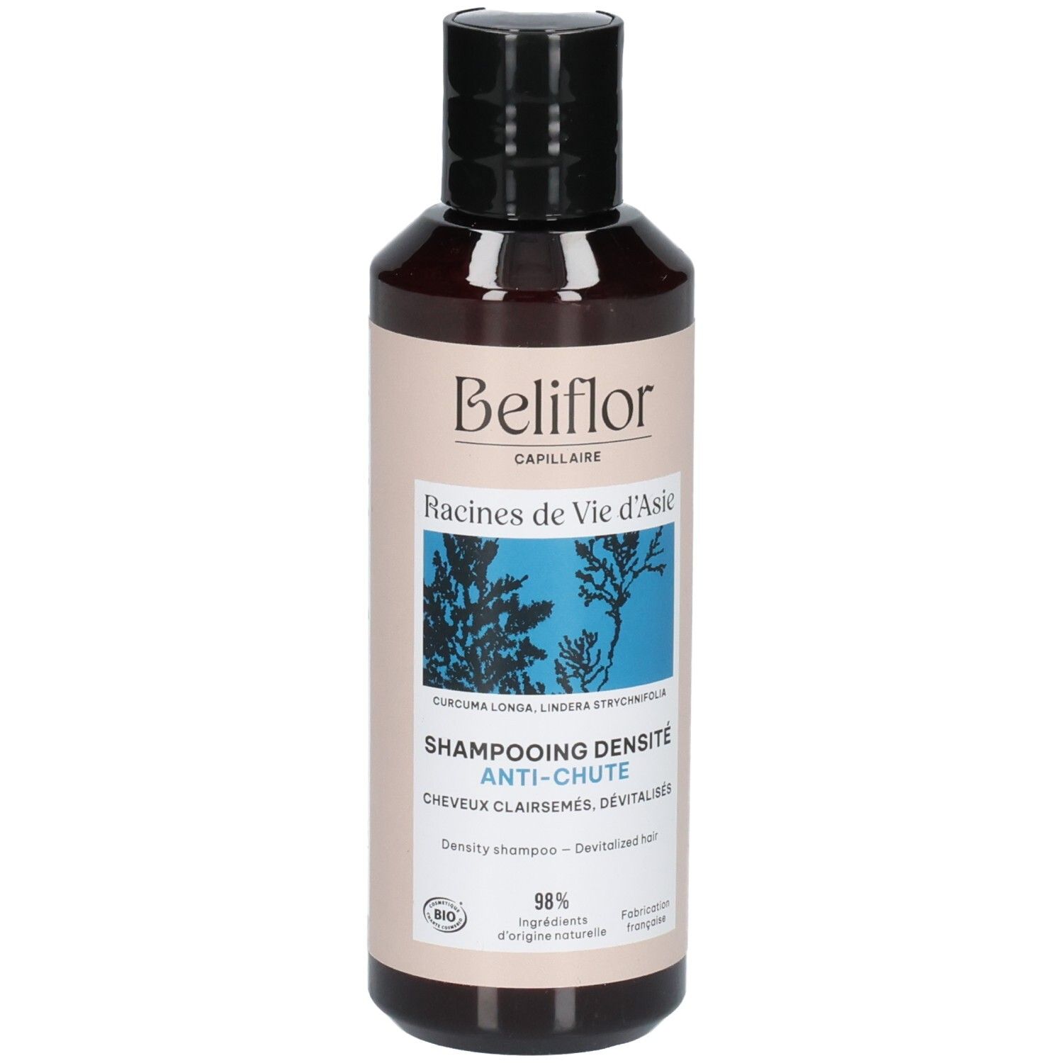 Bouteille Beliflor Shampooing Densité Anti-Chute avec bouchon noir. Étiquette beige avec illustration bleue.