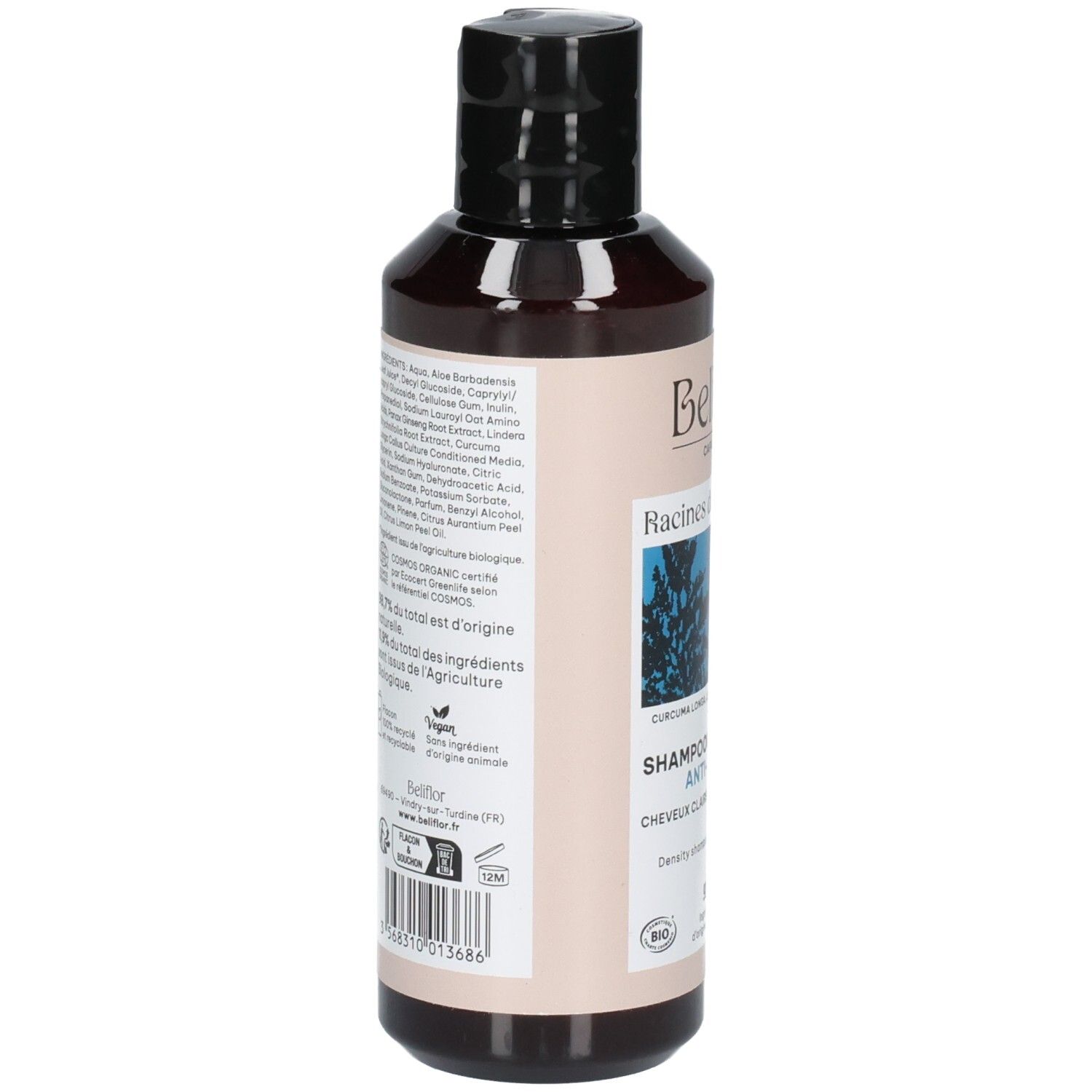 Arrière de la bouteille Beliflor Shampooing Densité Anti-Chute avec ingrédients détaillés et certifications.