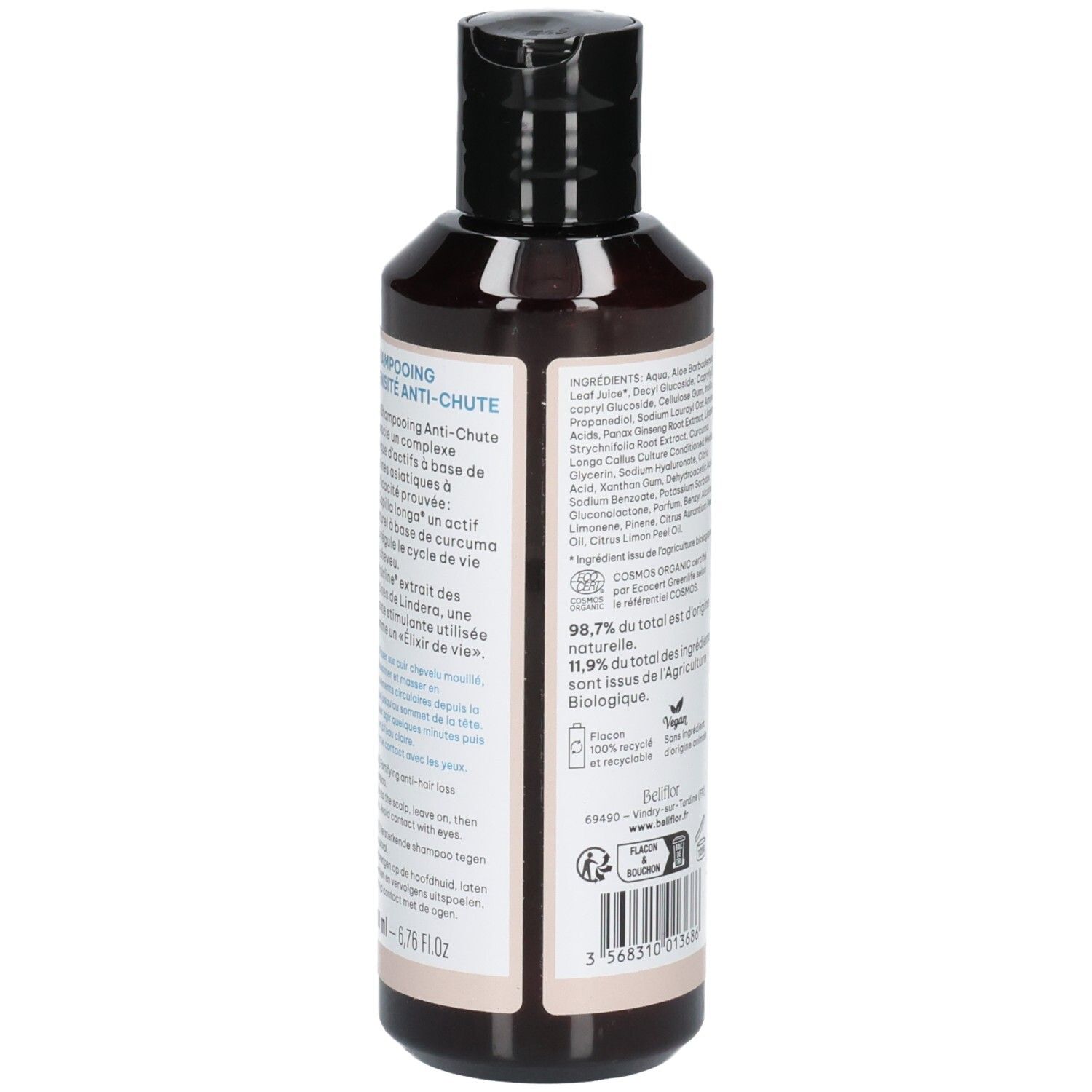 Arrière de la bouteille Beliflor Shampooing Densité Anti-Chute avec instructions d'application et informations produit.