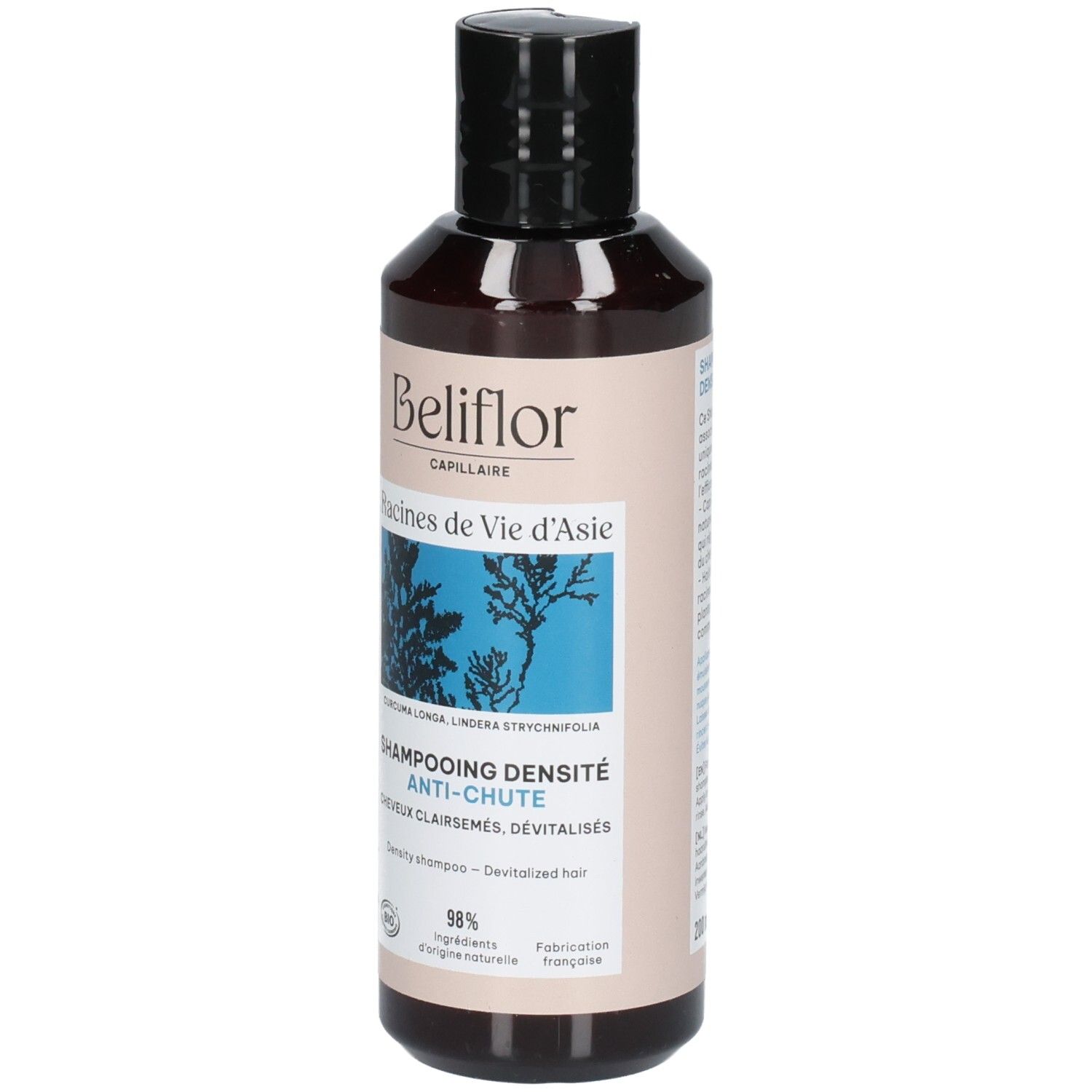 Bouteille Beliflor Shampooing Densité Anti-Chute, vue de face. Étiquette beige avec illustration botanique bleue.