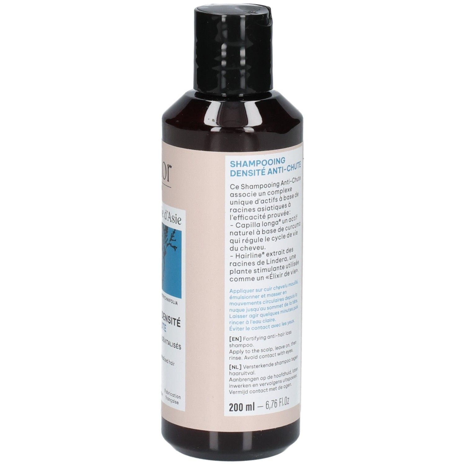 Vue latérale de la bouteille Beliflor Shampooing Densité Anti-Chute avec instructions d'application détaillées.