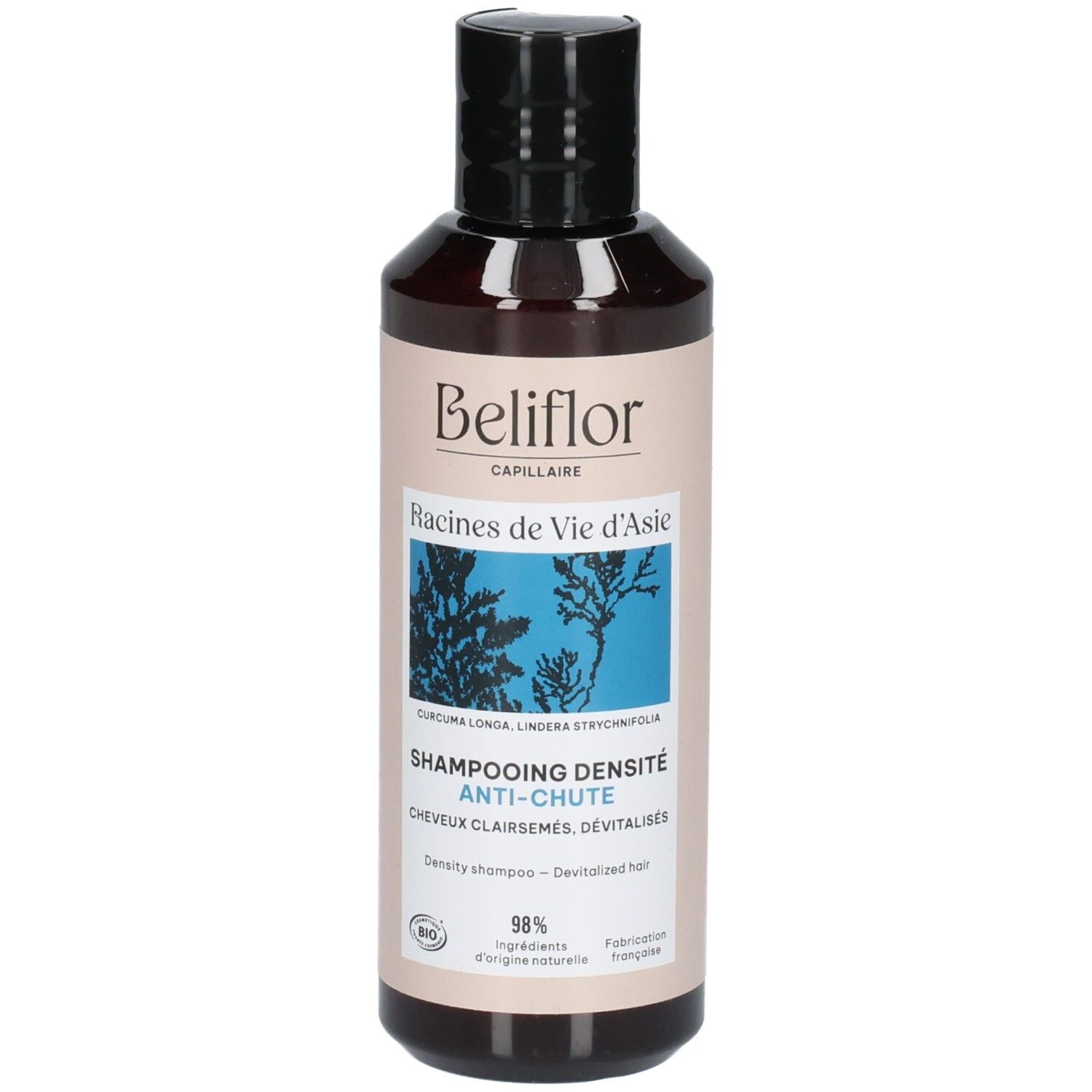Bouteille Beliflor Shampooing Densité Anti-Chute, vue de face. Étiquette beige avec illustration botanique et sceau bio.