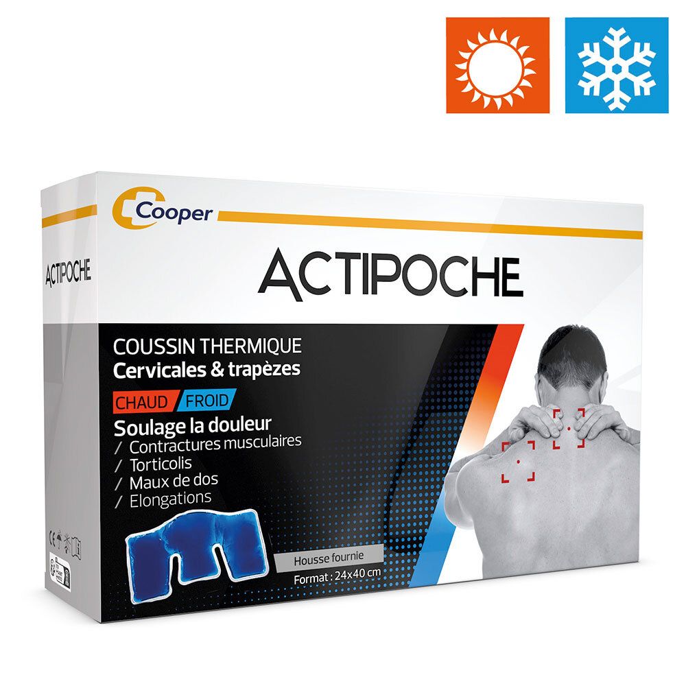 Emballage ACTIPOCHE Coussin thermique cervicales et trapèzes, avec symboles chaud et froid.