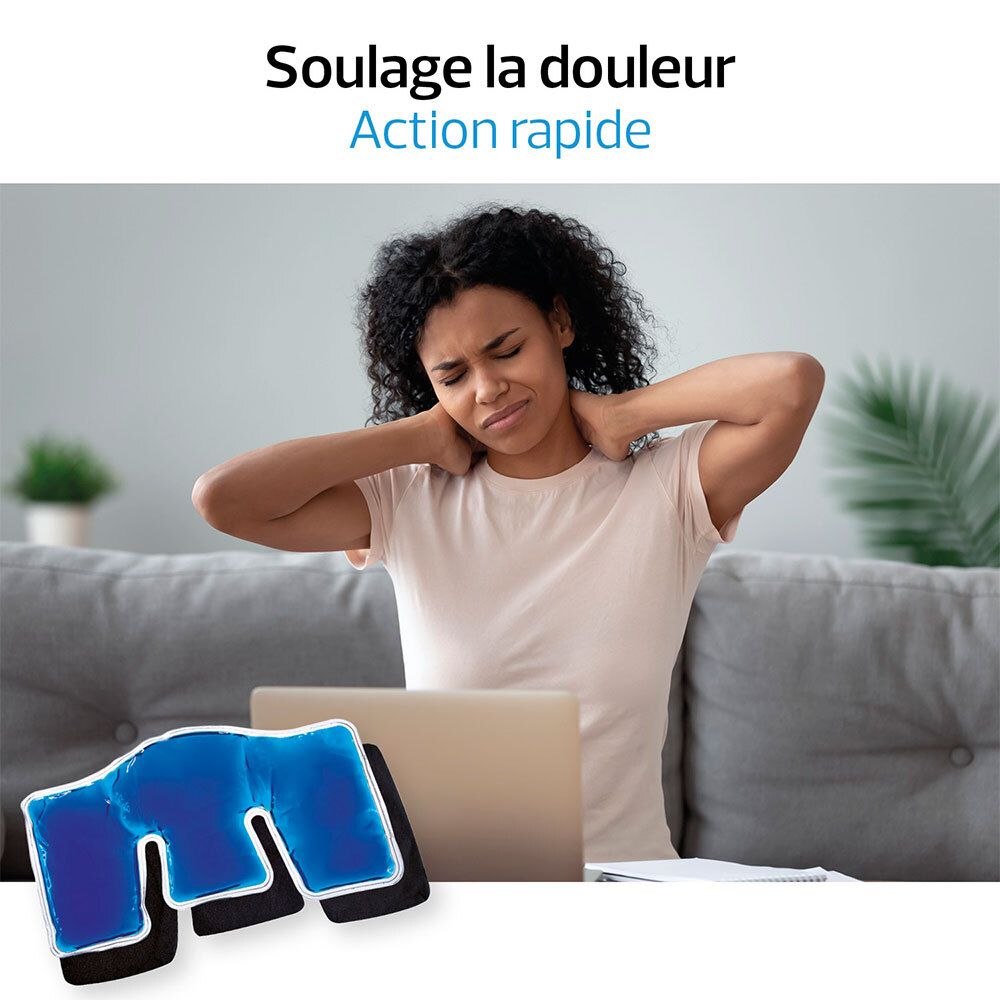 Femme avec douleur au cou, à côté du coussin ACTIPOCHE cervicales et trapèzes.