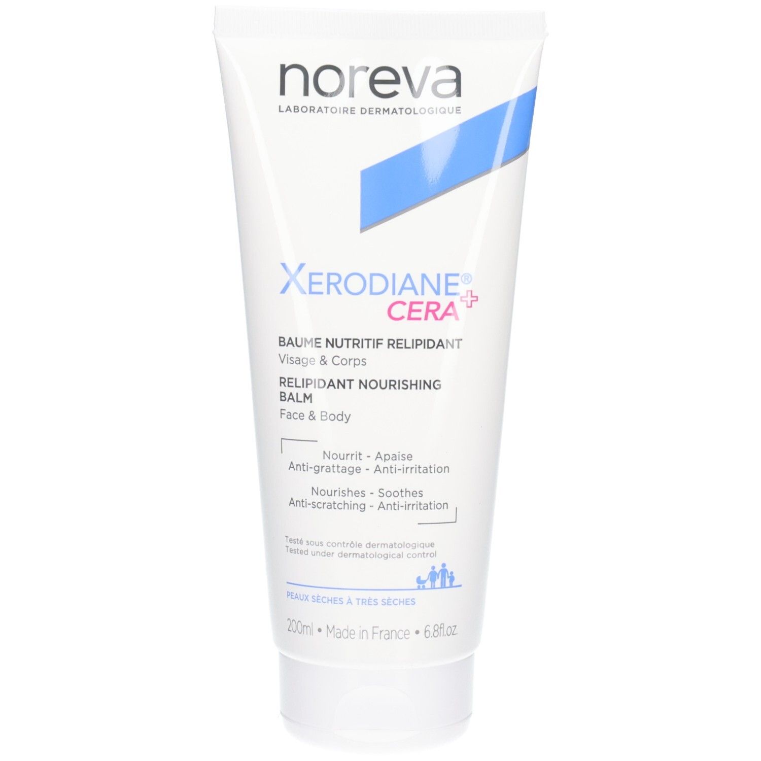 Noreva Xerodiane Cera+ Baume: tube blanc avec accents bleus, 200ml.