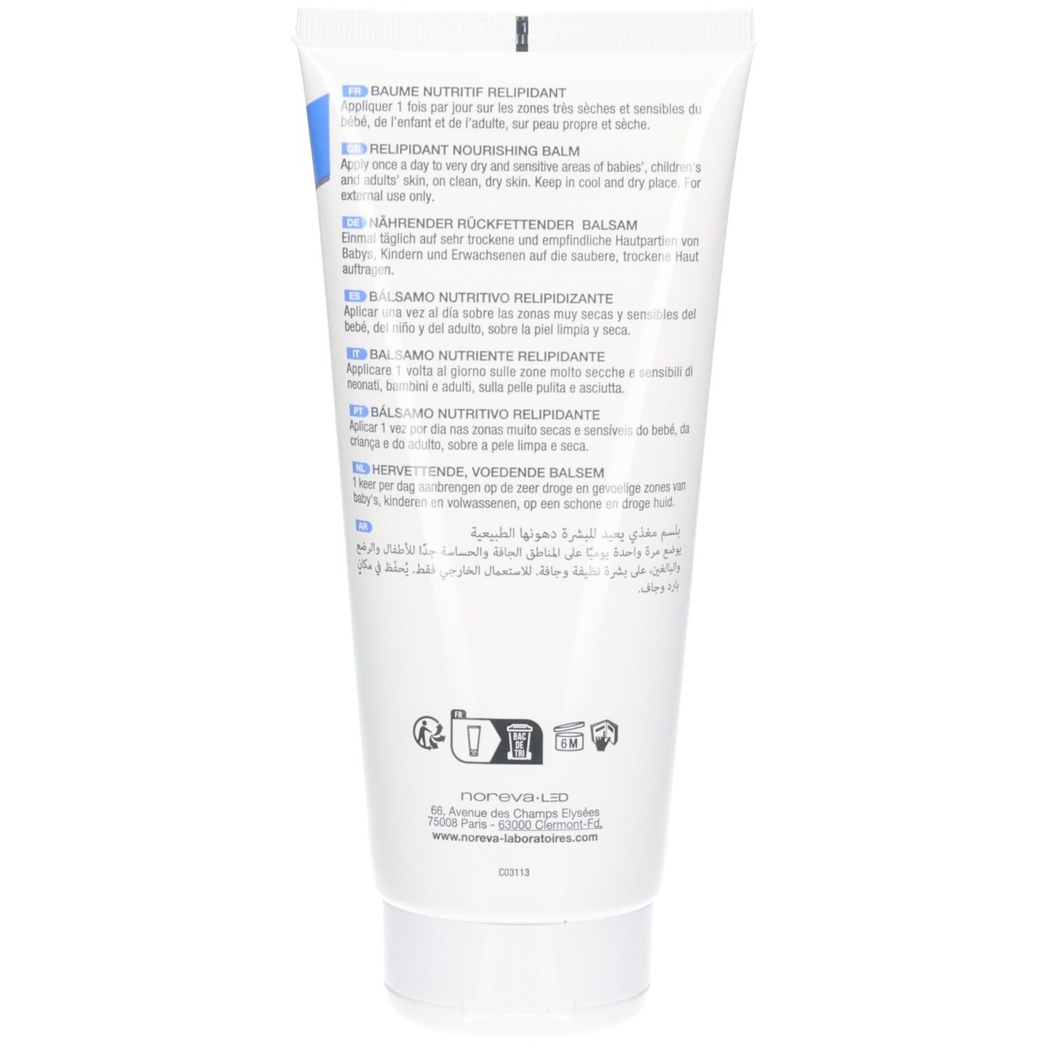 Dos du tube Noreva Xerodiane Cera+ avec instructions d'utilisation multilingues.
