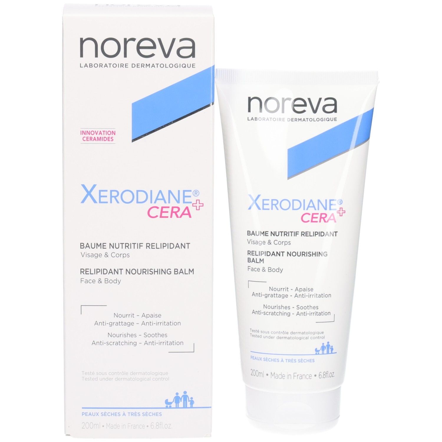 Noreva Xerodiane Cera+ Baume et emballage: tube et boîte avec accents bleus.