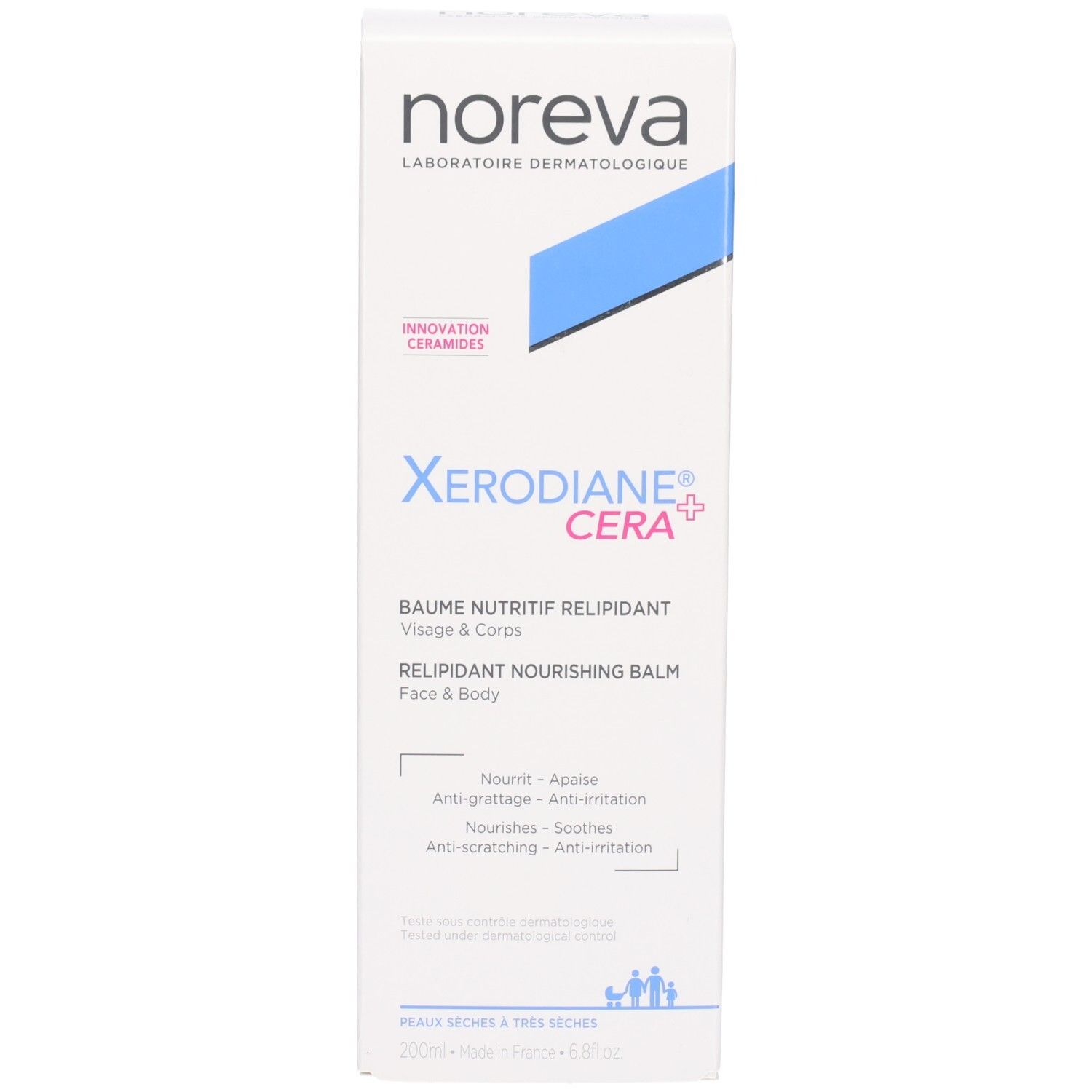 Emballage Noreva Xerodiane Cera+ Baume: boîte avec accents bleus et informations produit.