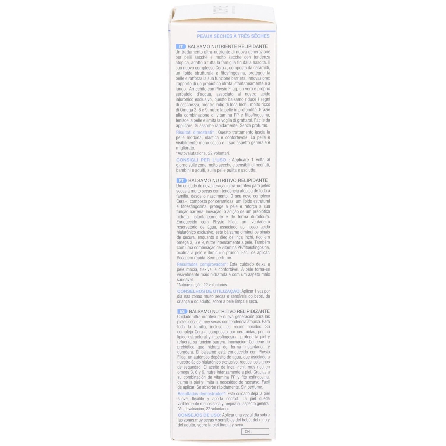 Côté de l'emballage Noreva Xerodiane Cera+ avec instructions d'utilisation détaillées.