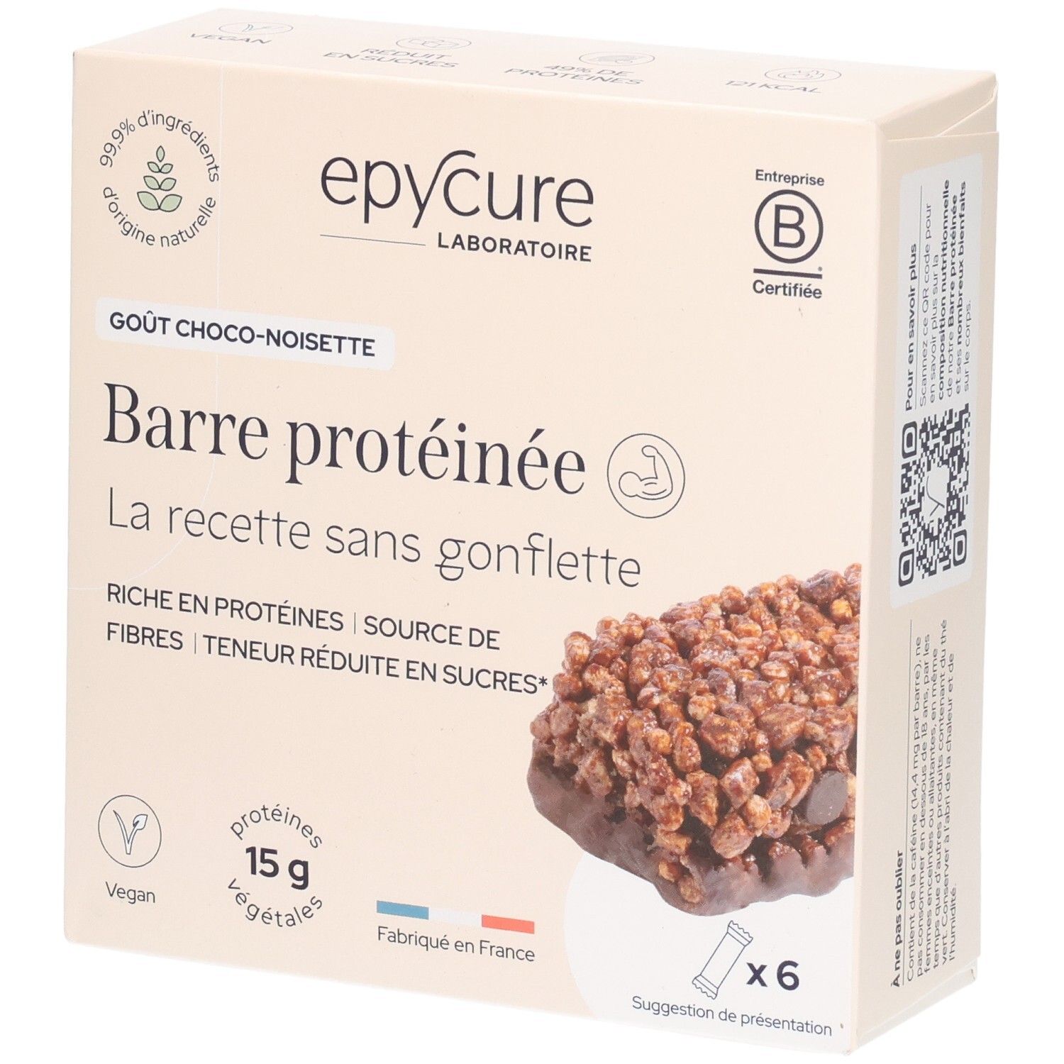 Boîte de barres protéinées goût choco-noisette, 6 barres de 15g de protéines chacune.