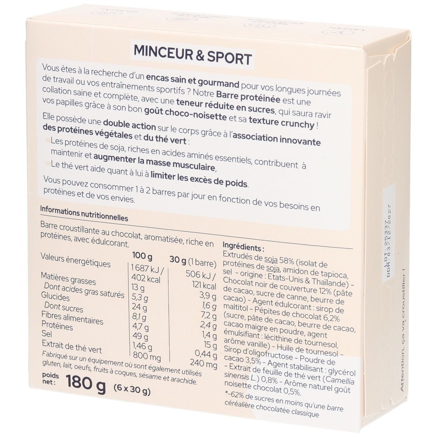 Arrière d'une boîte de barres protéinées choco-noisette avec informations nutritionnelles détaillées et liste d'ingrédients.