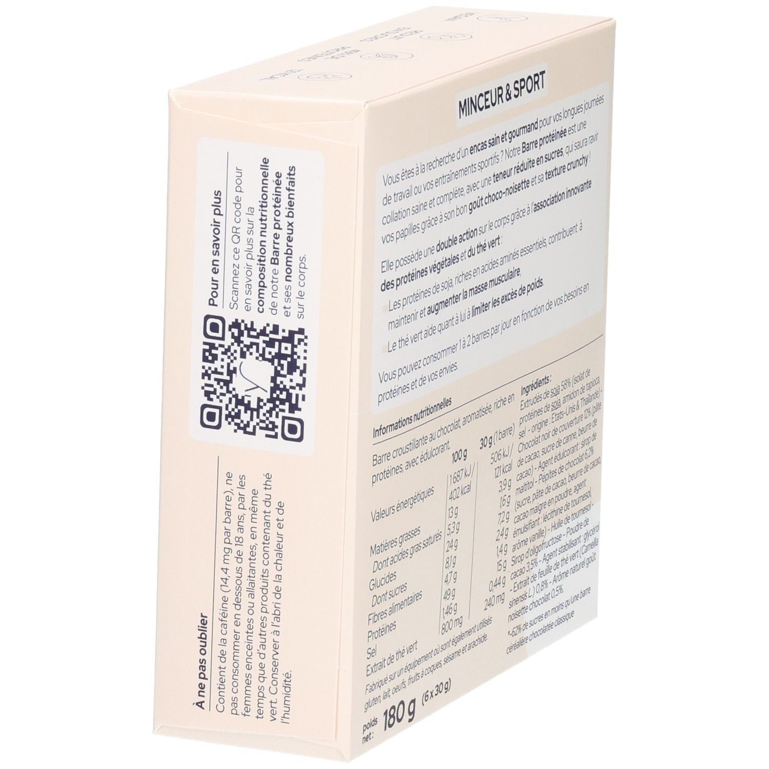 Vue latérale d'une boîte de barres protéinées choco-noisette avec QR code et conseils de conservation.