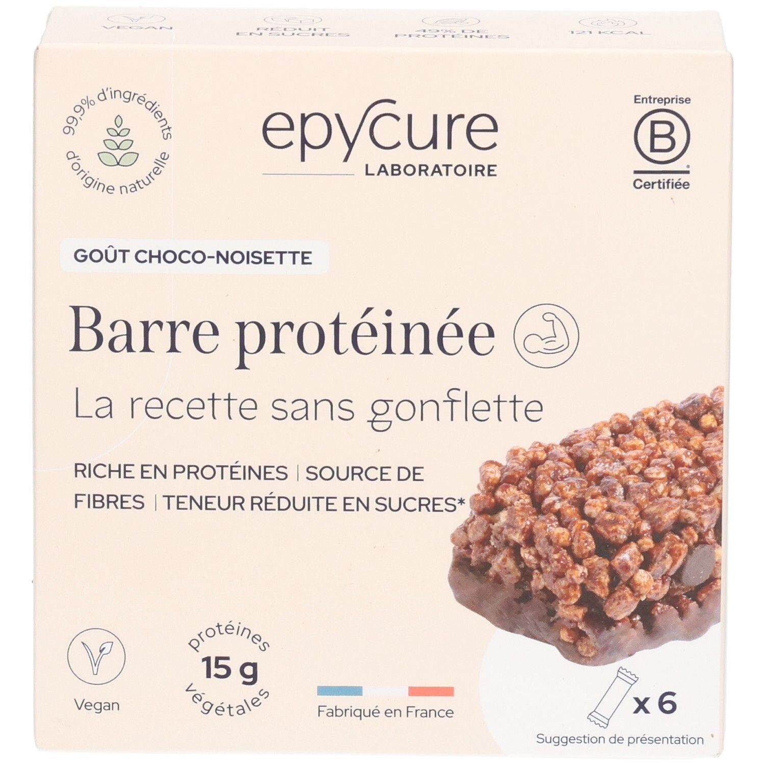 Face avant d'une boîte de barres protéinées choco-noisette avec image produit et logo.
