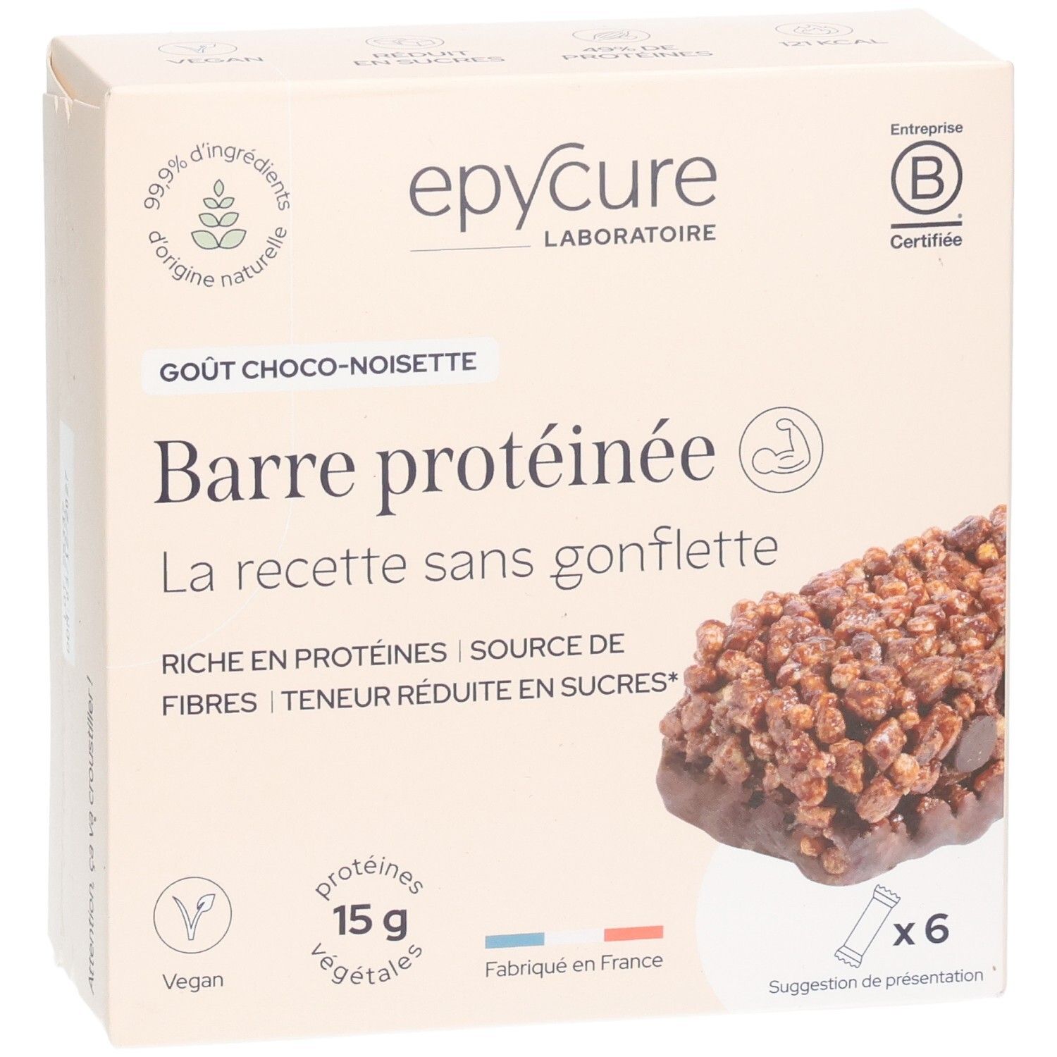 Face avant d'une boîte de barres protéinées choco-noisette avec image produit et logo.