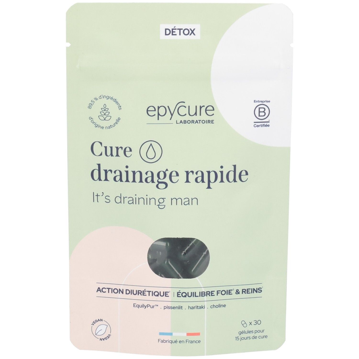 Sachet de gélules. Inscription: Cure drainage rapide. Logo: Epycure Laboratoire. Certification: B Corp. Texte: Detox, 8 x 30 gélules pour 6 jours de cure.