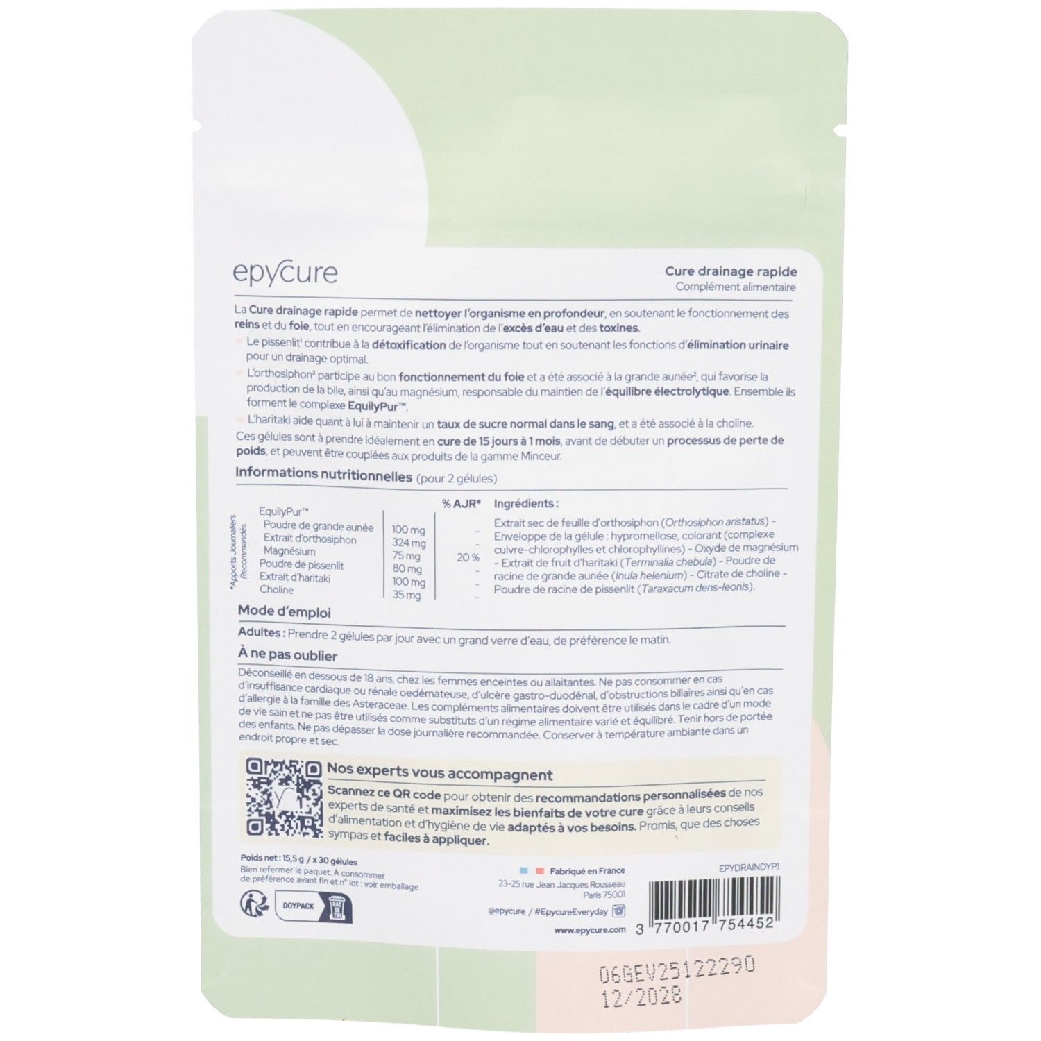 Dos de l'emballage avec texte. Logo: Epycure. Texte: Cure drainage rapide, informations, ingrédients, mode d'emploi, code QR, date de péremption.