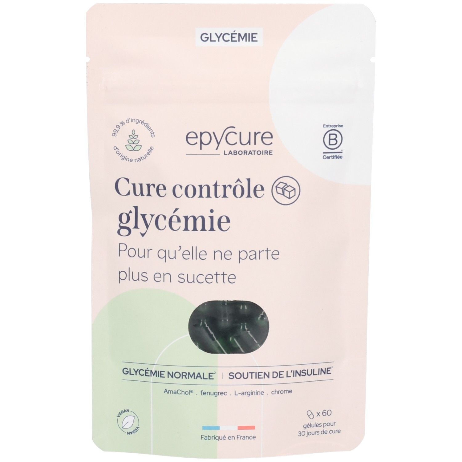 Sachet de gélules. Inscription: Glycémie, Cure contrôle glycémie. Logo: Epycure Laboratoire. Contient 60 gélules.