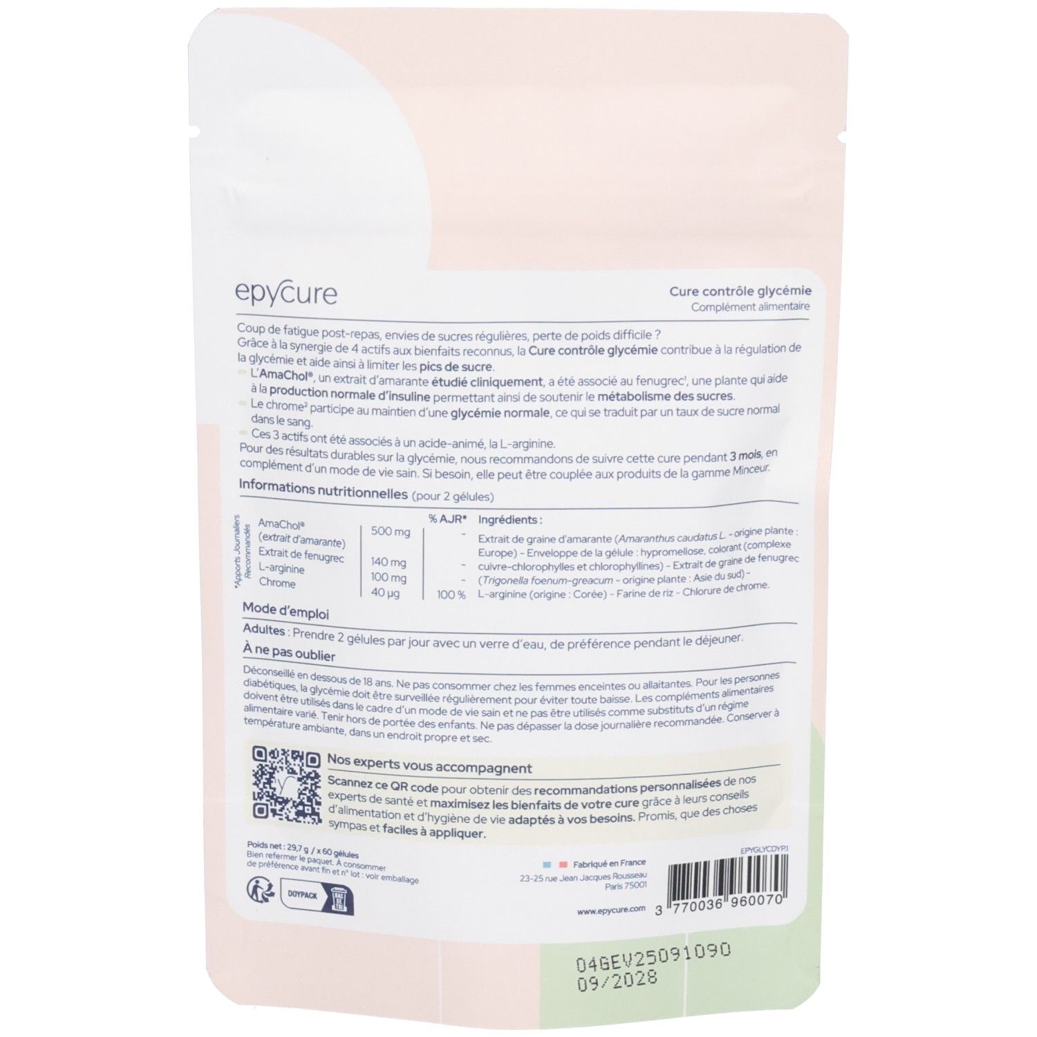 Dos du sachet. Texte: Cure contrôle glycémie, Epycure. Ingrédients et instructions d'utilisation. Code QR et date de péremption.