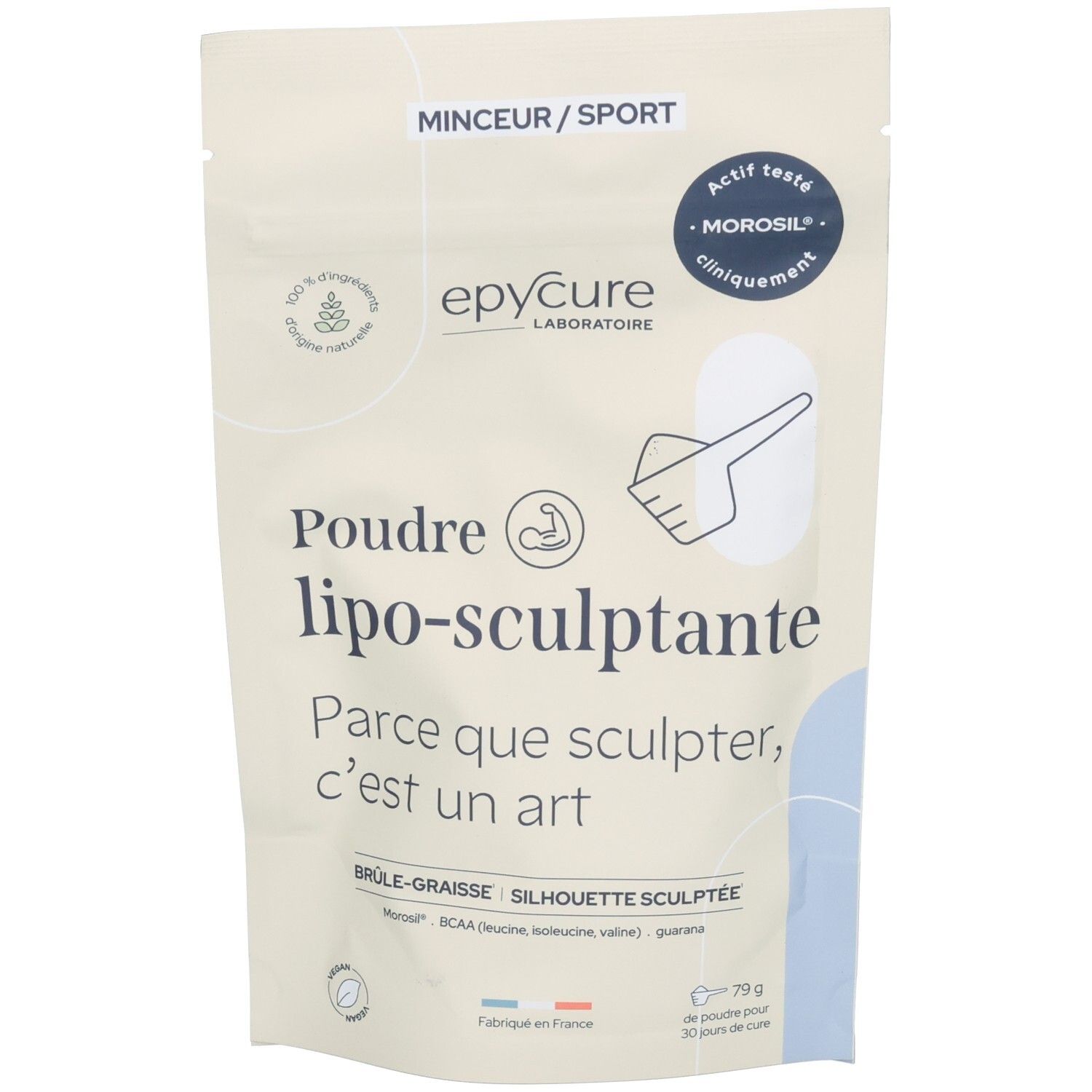 Sachet "Poudre lipo-sculptante". Logo epyCure. Inscription "Minceur/Sport". Ingrédients et certifications visibles.