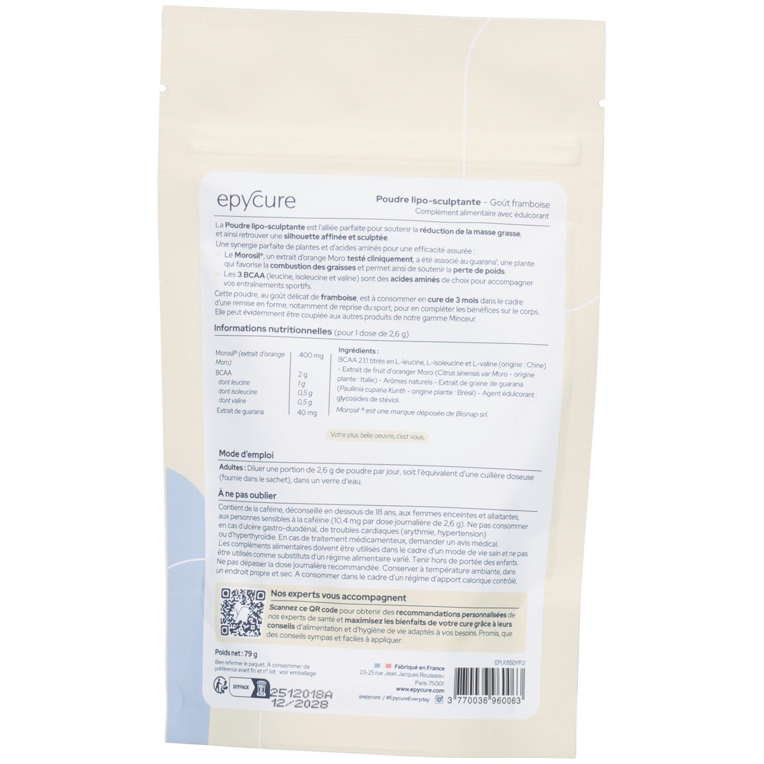 Dos du sachet. Texte "Poudre lipo-sculptante". Ingrédients, mode d'emploi, QR code et date de péremption.