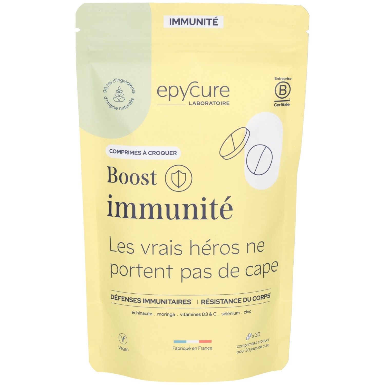 Sachet de comprimés Boost Immunité, epyCure Laboratoire. Contient 30 comprimés. Label : 99,9% ingrédients d'origine naturelle. Certifié B Corp.