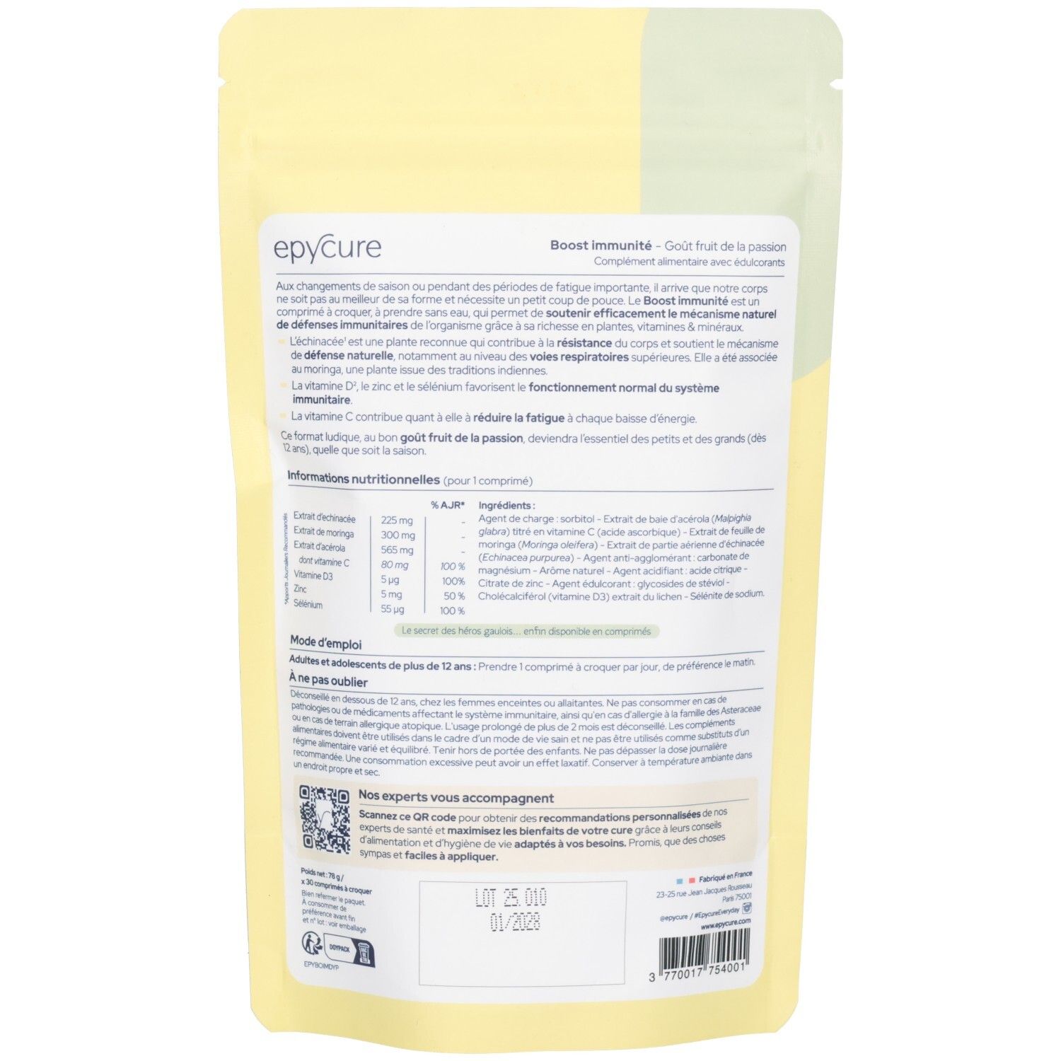 Dos du sachet de comprimés. Informations sur les ingrédients, l'utilisation et les valeurs nutritionnelles. Code QR et numéro de lot.