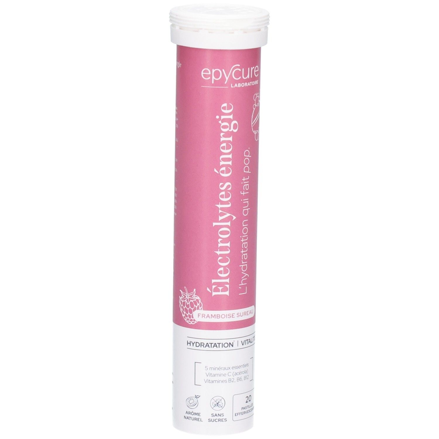 Tube de 20 comprimés effervescents, goût framboise sureau.