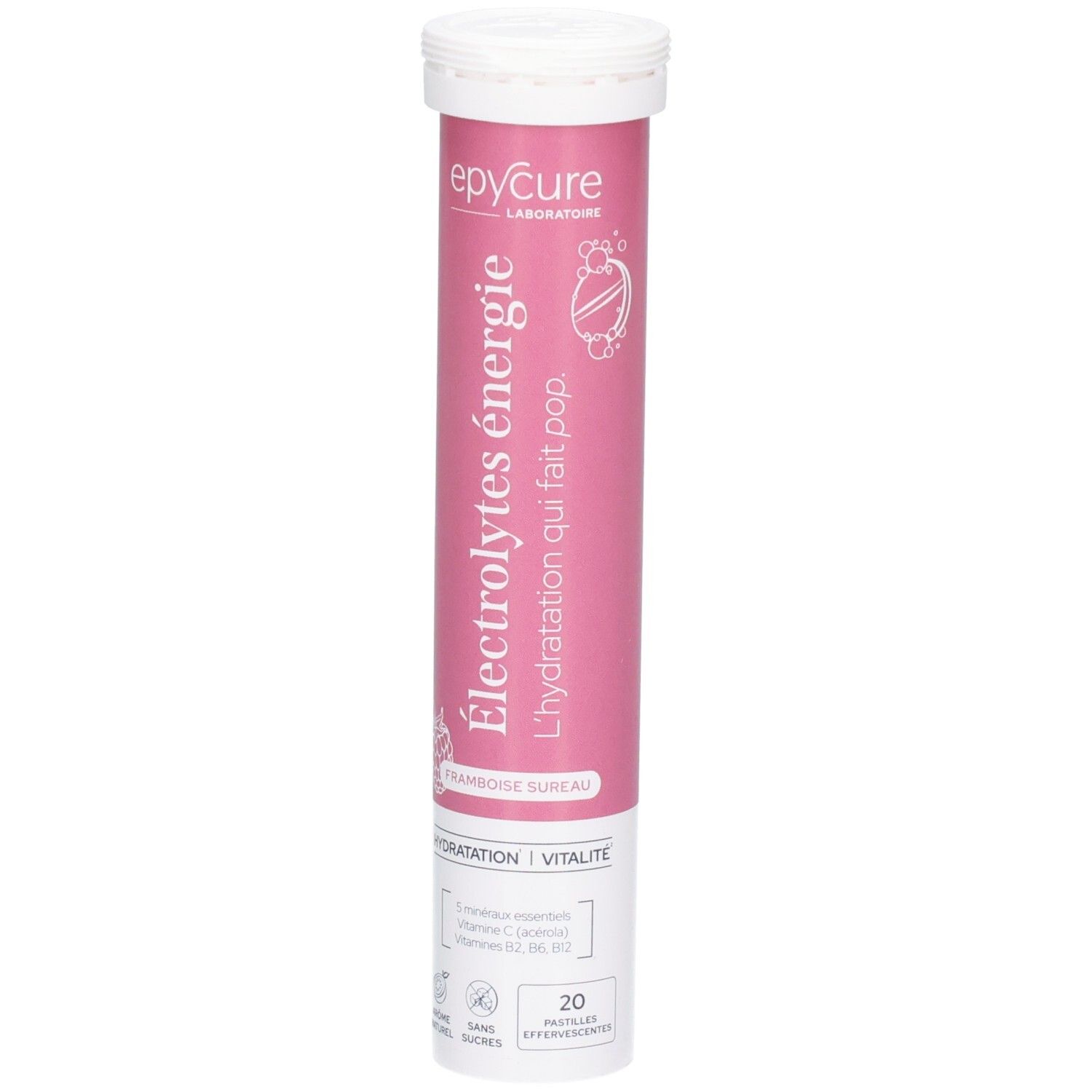 Tube de 20 comprimés effervescents, goût framboise sureau.
