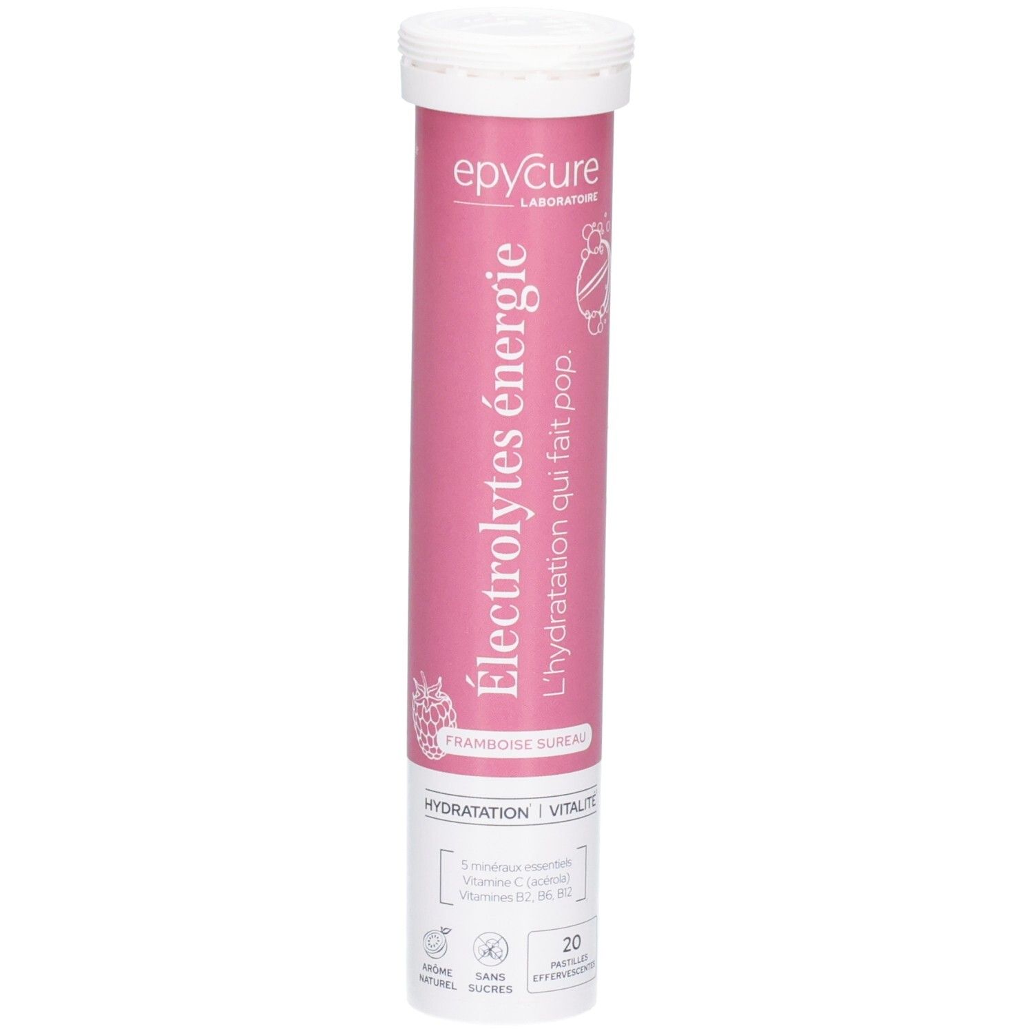Tube de 20 comprimés effervescents, goût framboise sureau.