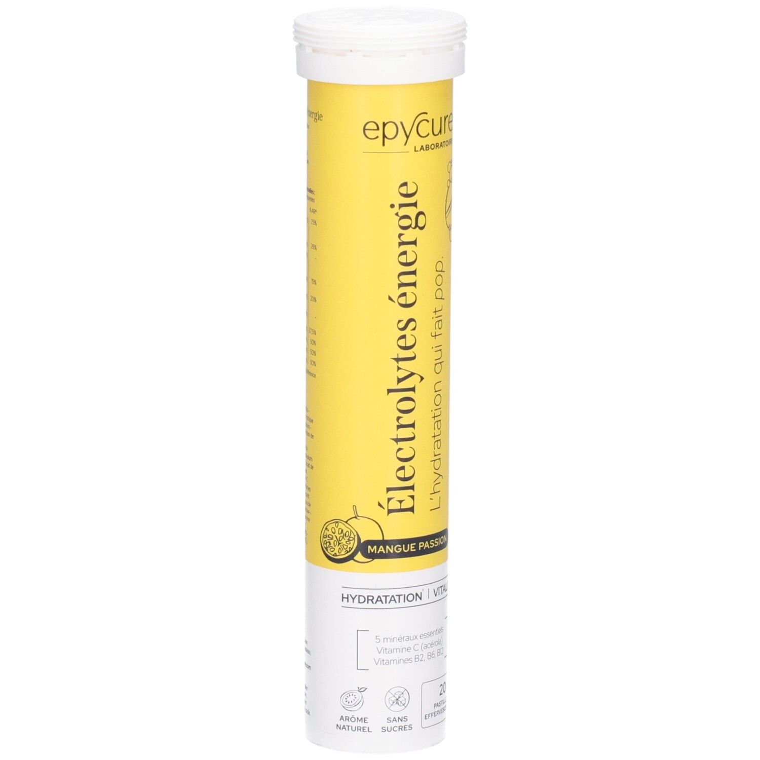 Tube de comprimés effervescents, Électrolytes, saveur mangue passion.