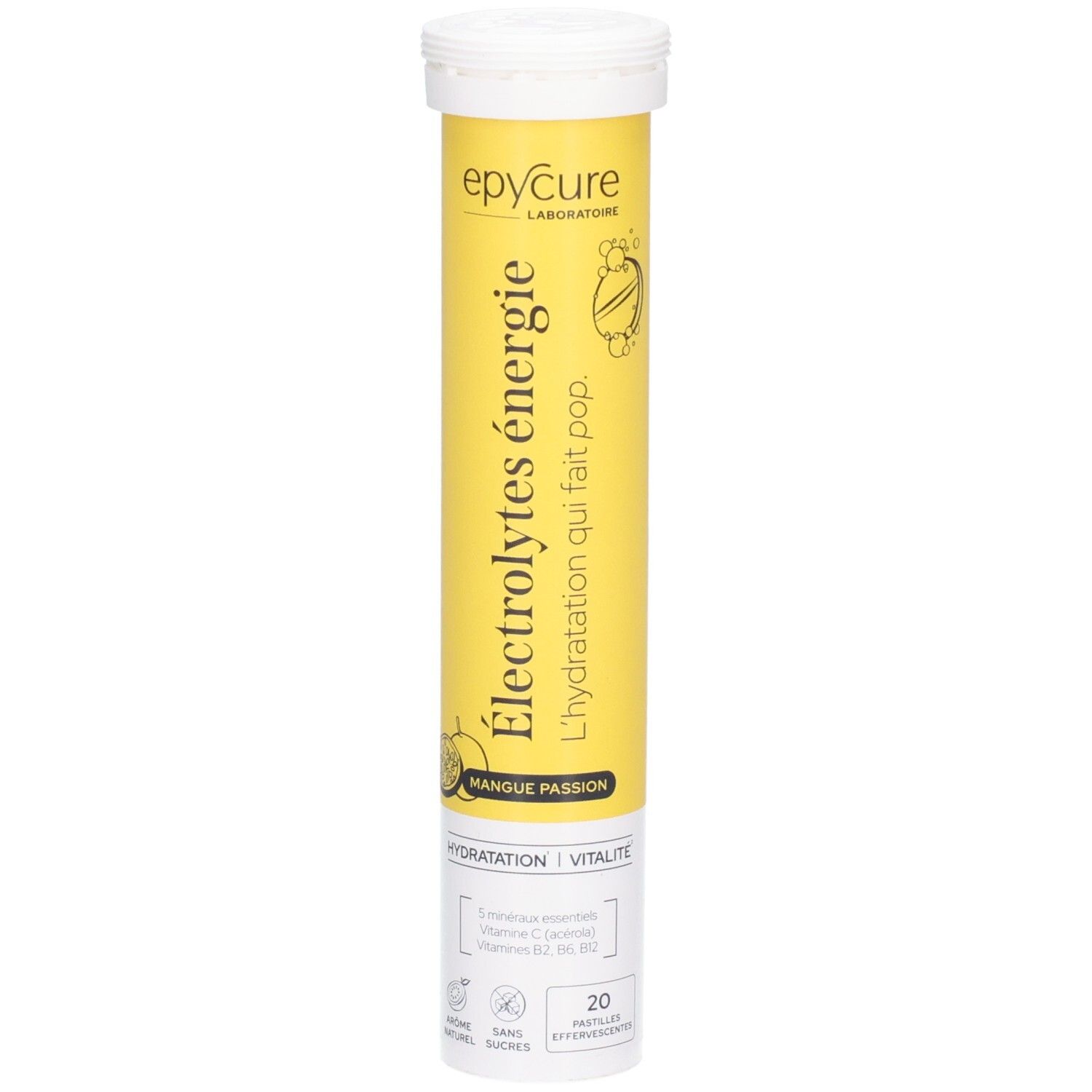 Avant de l'emballage: Électrolytes, Mangue Passion, 20 comprimés effervescents.