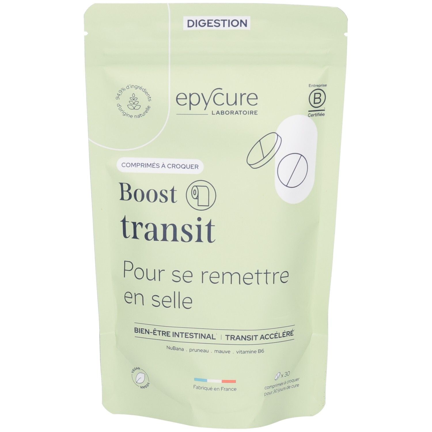 Sachet vert clair. Inscription: Boost transit. Logo Epycure Laboratoire. Certification B Corp. Texte: Comprimés à croquer.