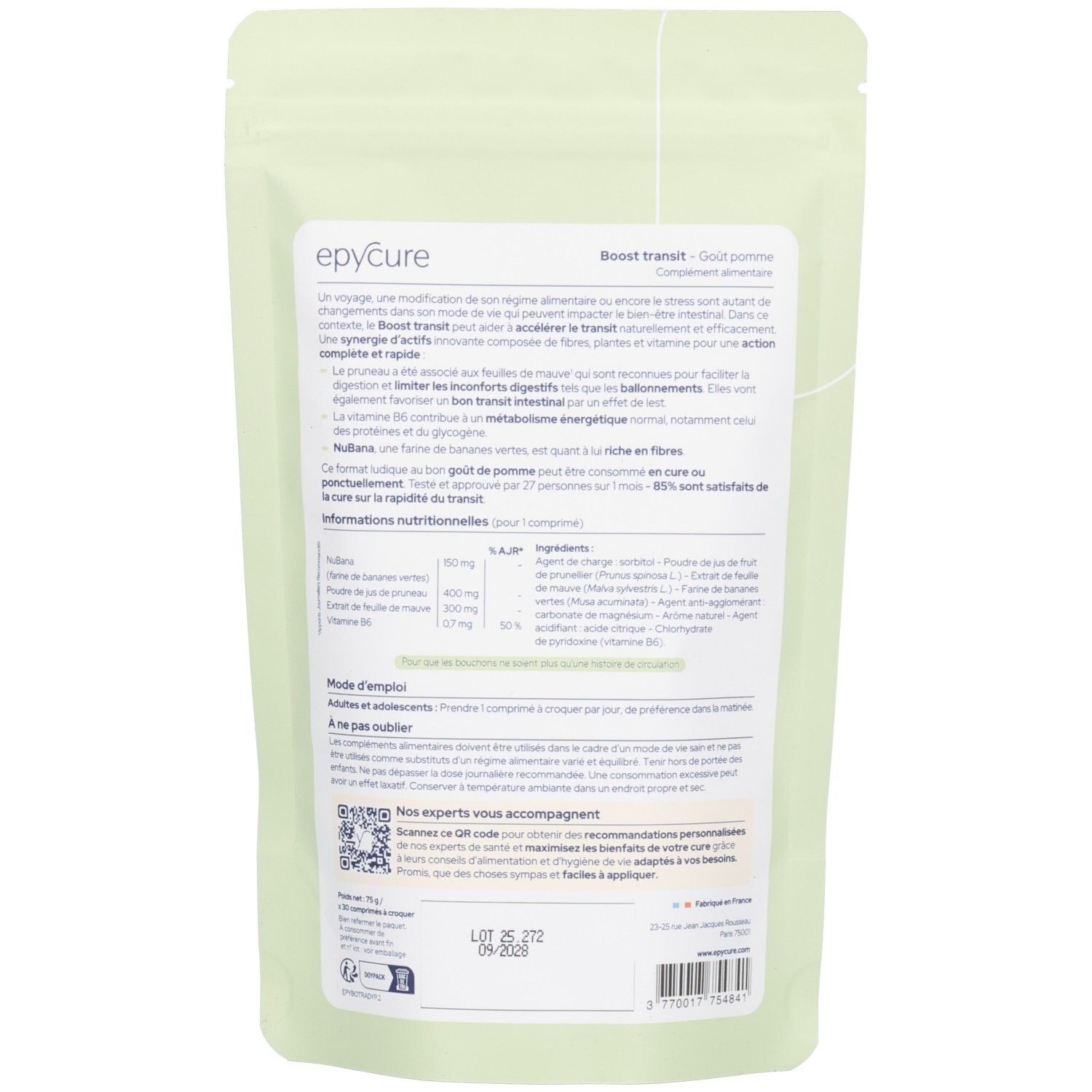 Dos du sachet. Texte: Boost transit. Ingrédients et informations nutritionnelles. Code QR. Logo Epycure Laboratoire. Date de péremption.
