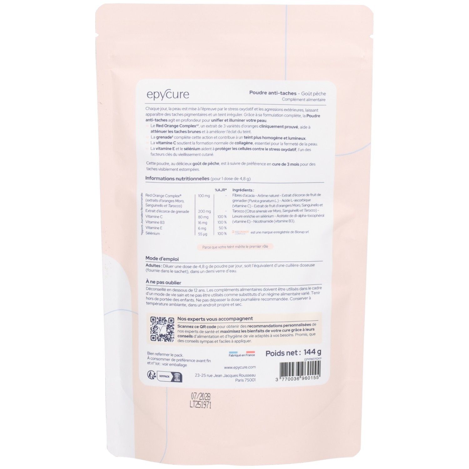 Dos du sachet Poudre anti-taches. Texte avec ingrédients, mode d'emploi et code QR.