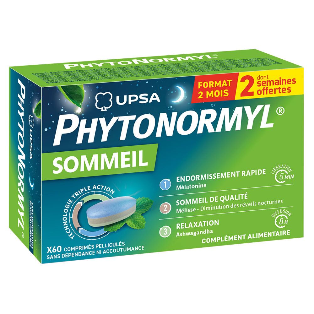 Boîte verte "PHYTONORMYL SOMMEIL". Contient 60 comprimés. Inscriptions : "Endormissement rapide", "Sommeil de qualité", "Relaxation".