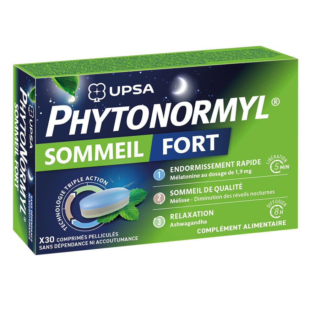 Boîte de UPSA Phytonormyl Sommeil Fort, 30 comprimés pelliculés.